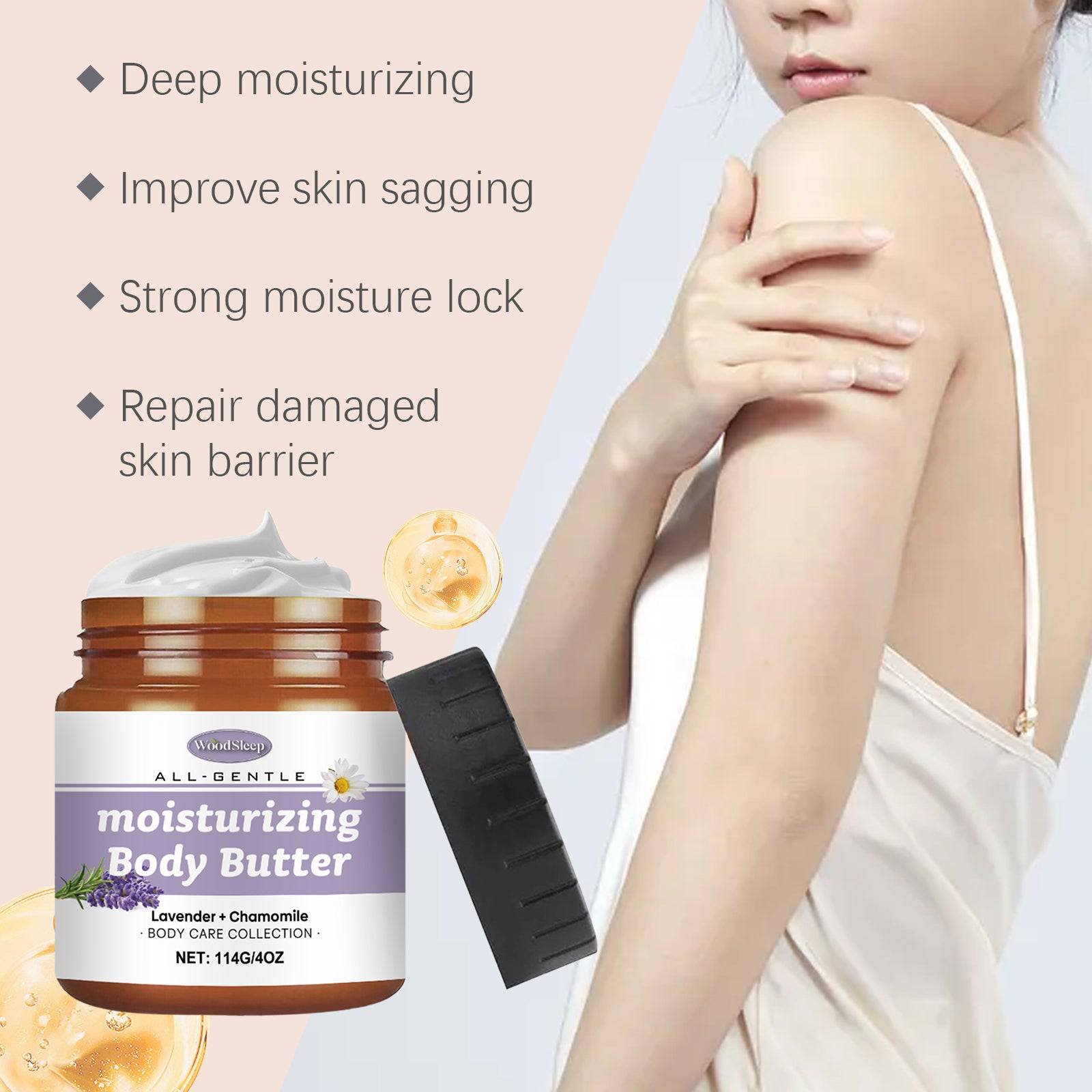 Eprolo WoodSleep lavender and chamomile body butter jar with a natural wood lid, showcasing the moisturizing and hydrating cream inside.