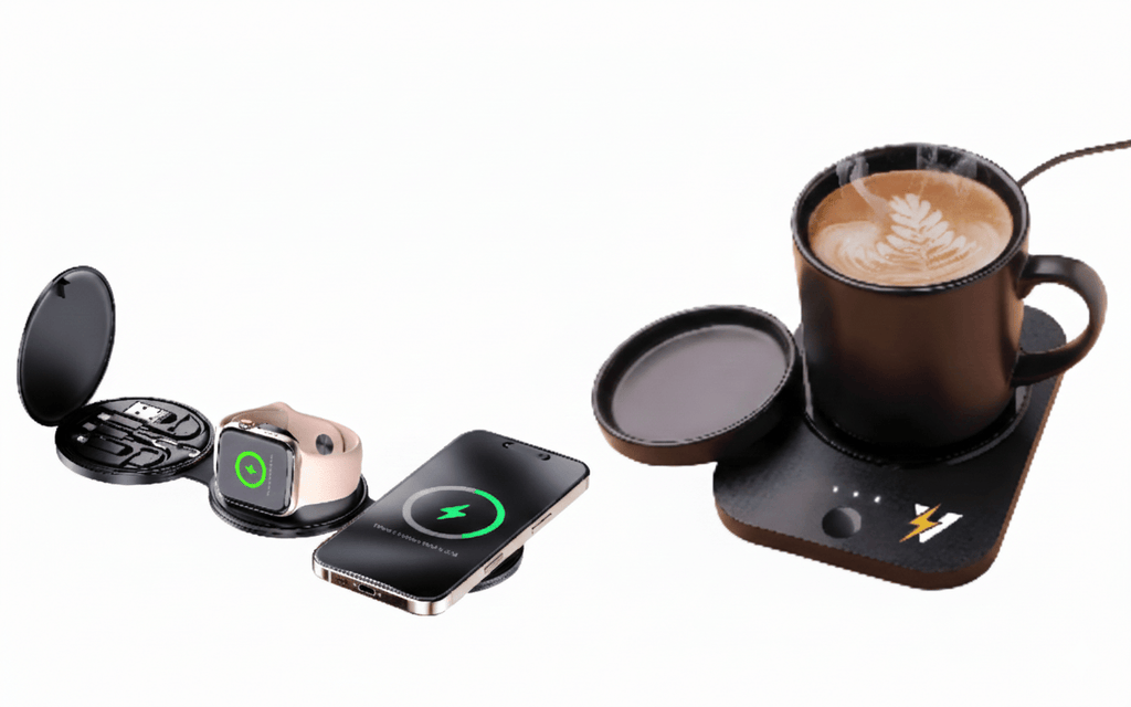 Pursonic Sip & Charge 2-in-1 mug warmer and 5-in-1 folding charging station for wireless device charging and comfort.