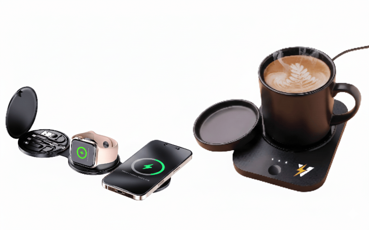 Pursonic Sip & Charge 2-in-1 mug warmer and 5-in-1 folding charging station for wireless device charging and comfort.
