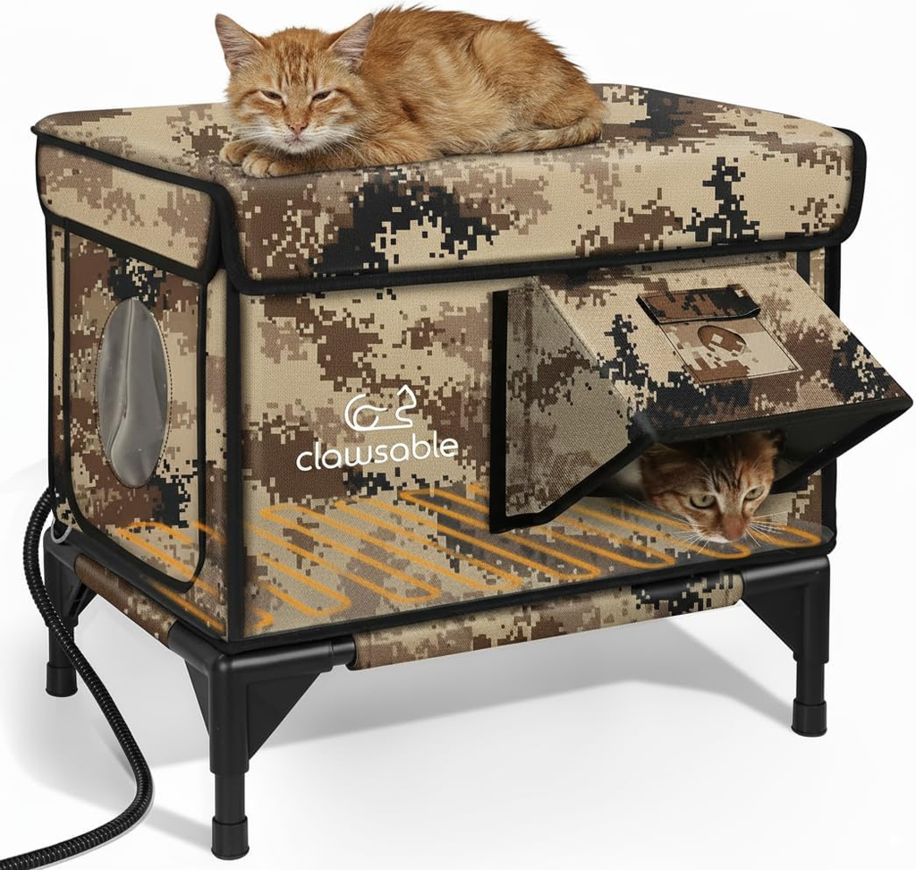 Heated Outdoor Cat House Waterproof Escape Door Desert Camo 13x17x18
