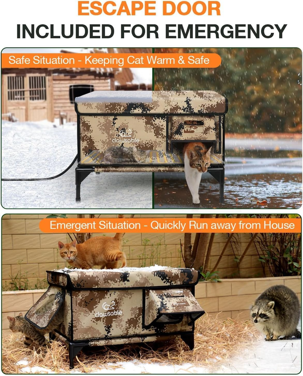 Heated Outdoor Cat House Waterproof Escape Door Desert Camo 13x17x18