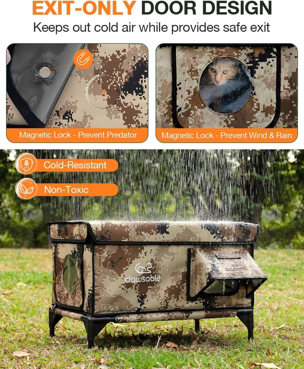 Heated Outdoor Cat House Waterproof Escape Door Desert Camo 13x17x18