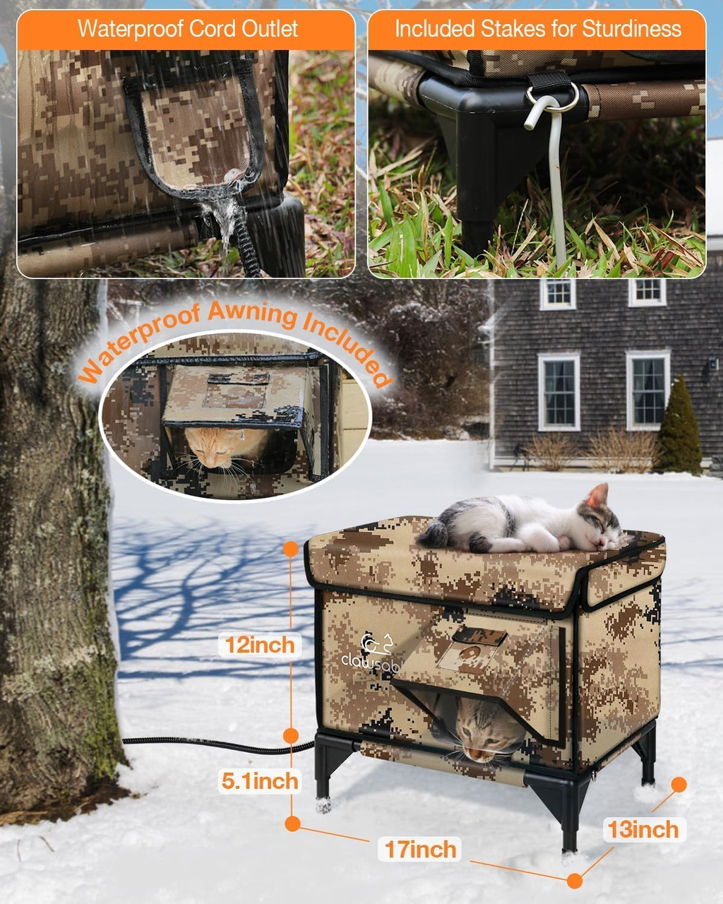 Heated Outdoor Cat House Waterproof Escape Door Desert Camo 13x17x18