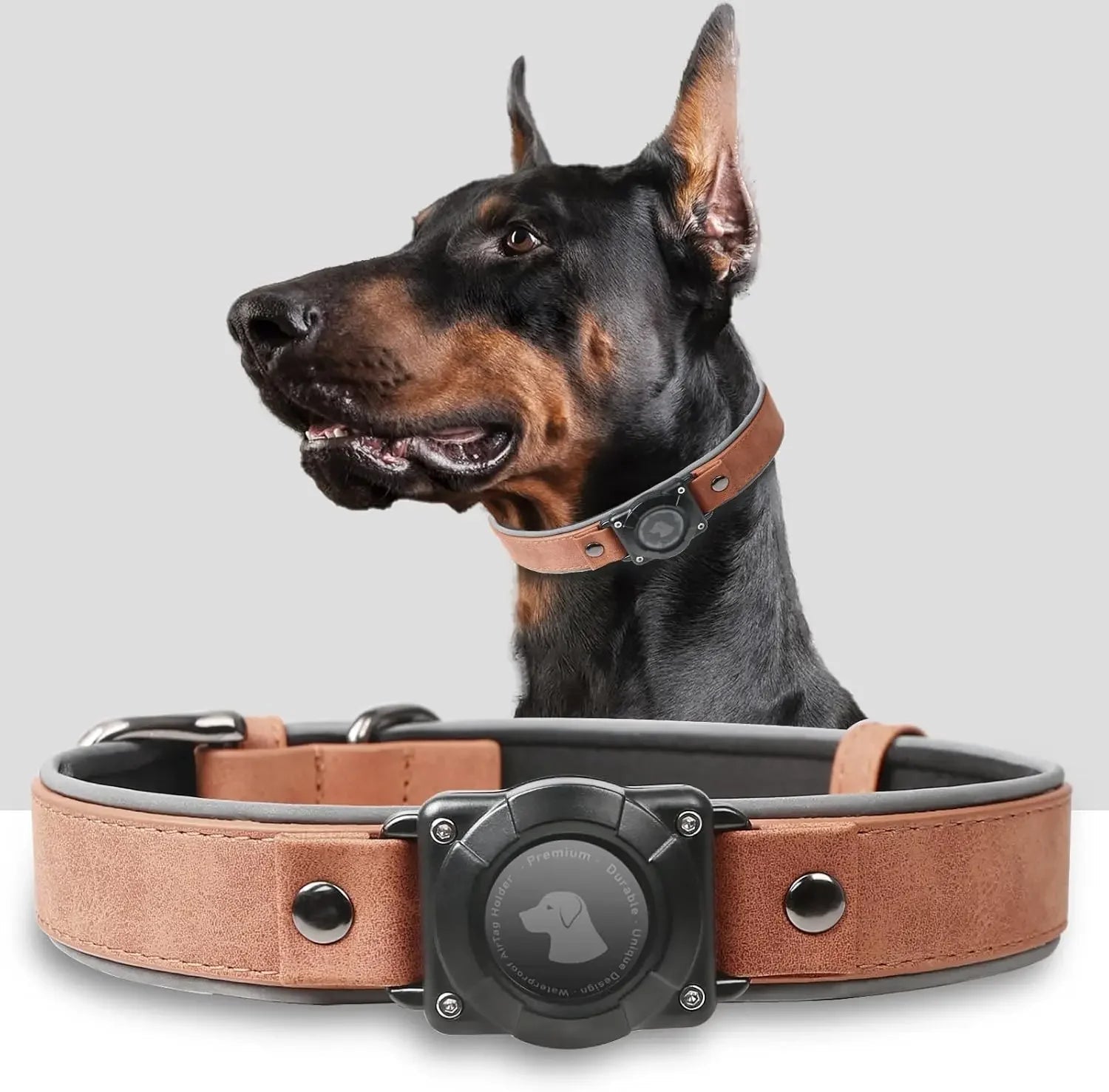 Leather AirTag Dog Collar with Built-In Holder