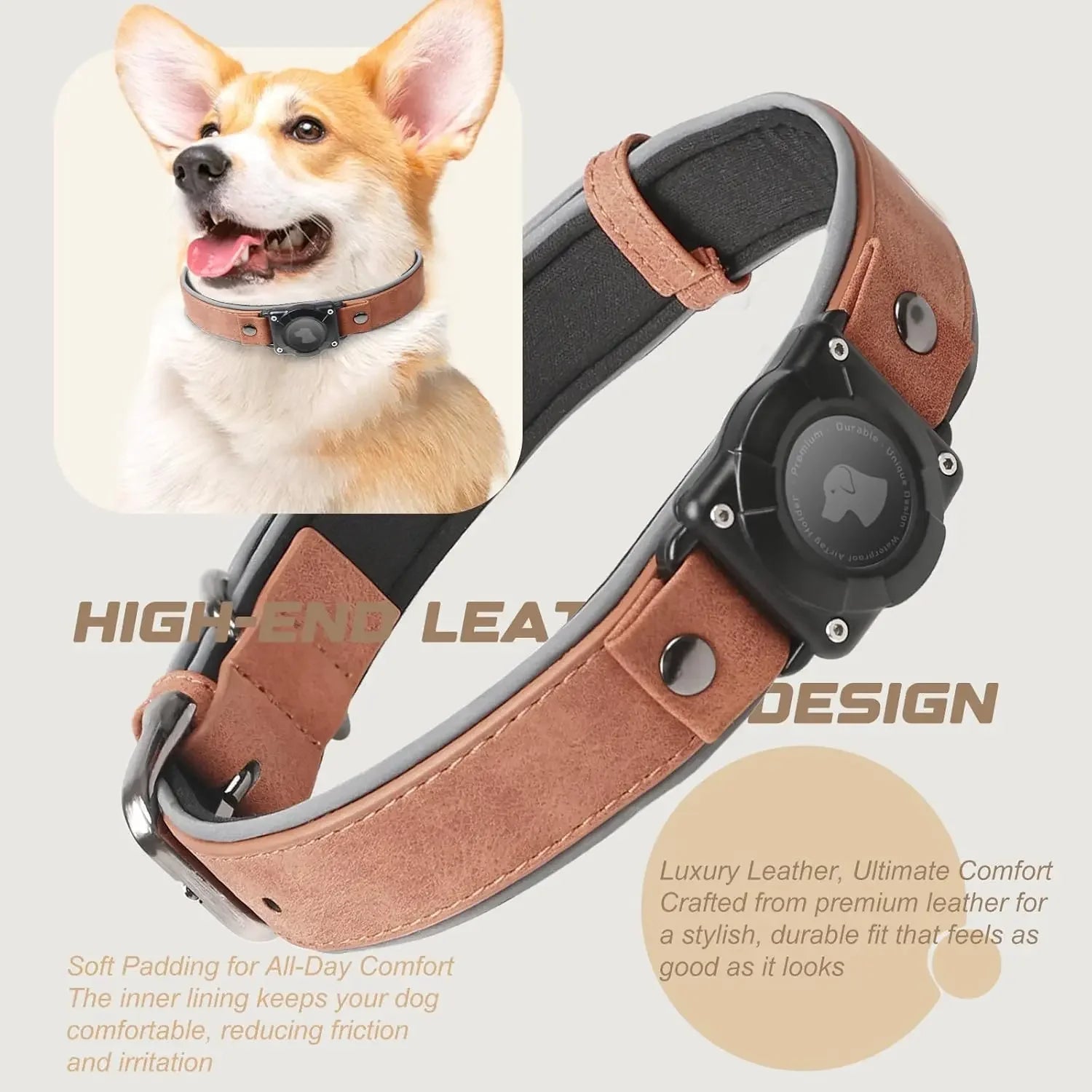 Leather AirTag Dog Collar with Built-In Holder