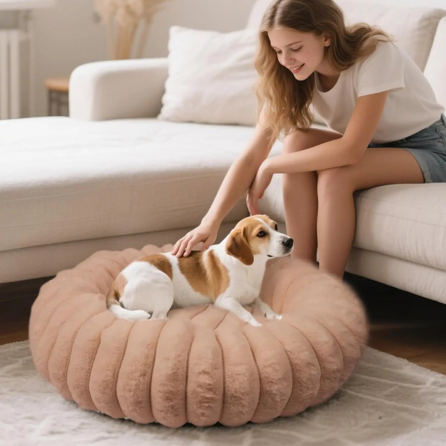 Faux Fur Calming Donut Dog & Cat Bed with Non-Slip Base