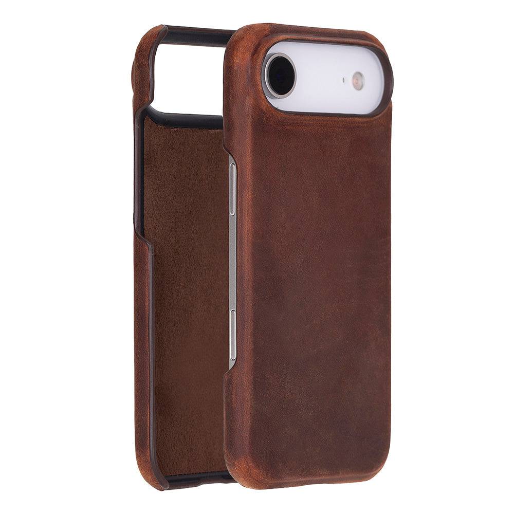 TORONATA Bisbee Leather iPhone 17 Air Case shown in tan with smooth leather finish and precise cutouts for buttons and camera.