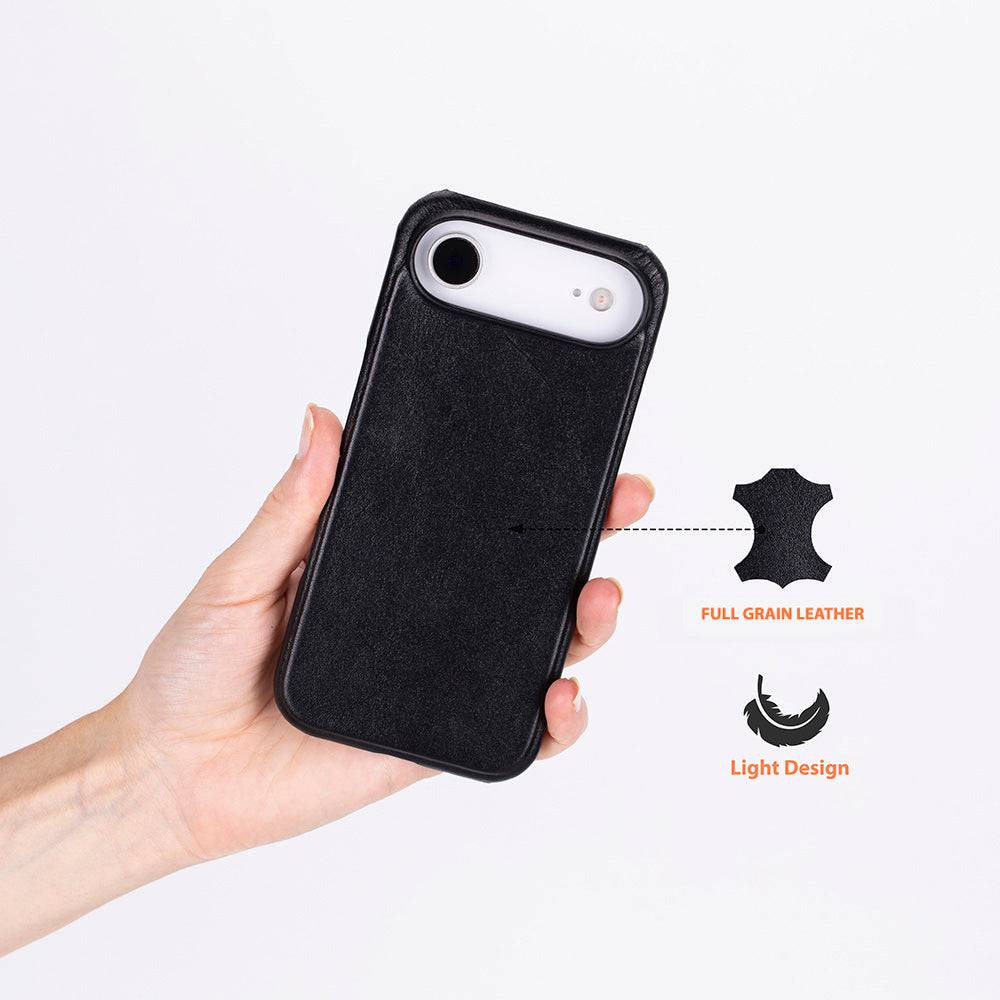 TORONATA Bisbee Leather iPhone 17 Air Case showing smooth leather exterior and precise cutouts for buttons and ports.