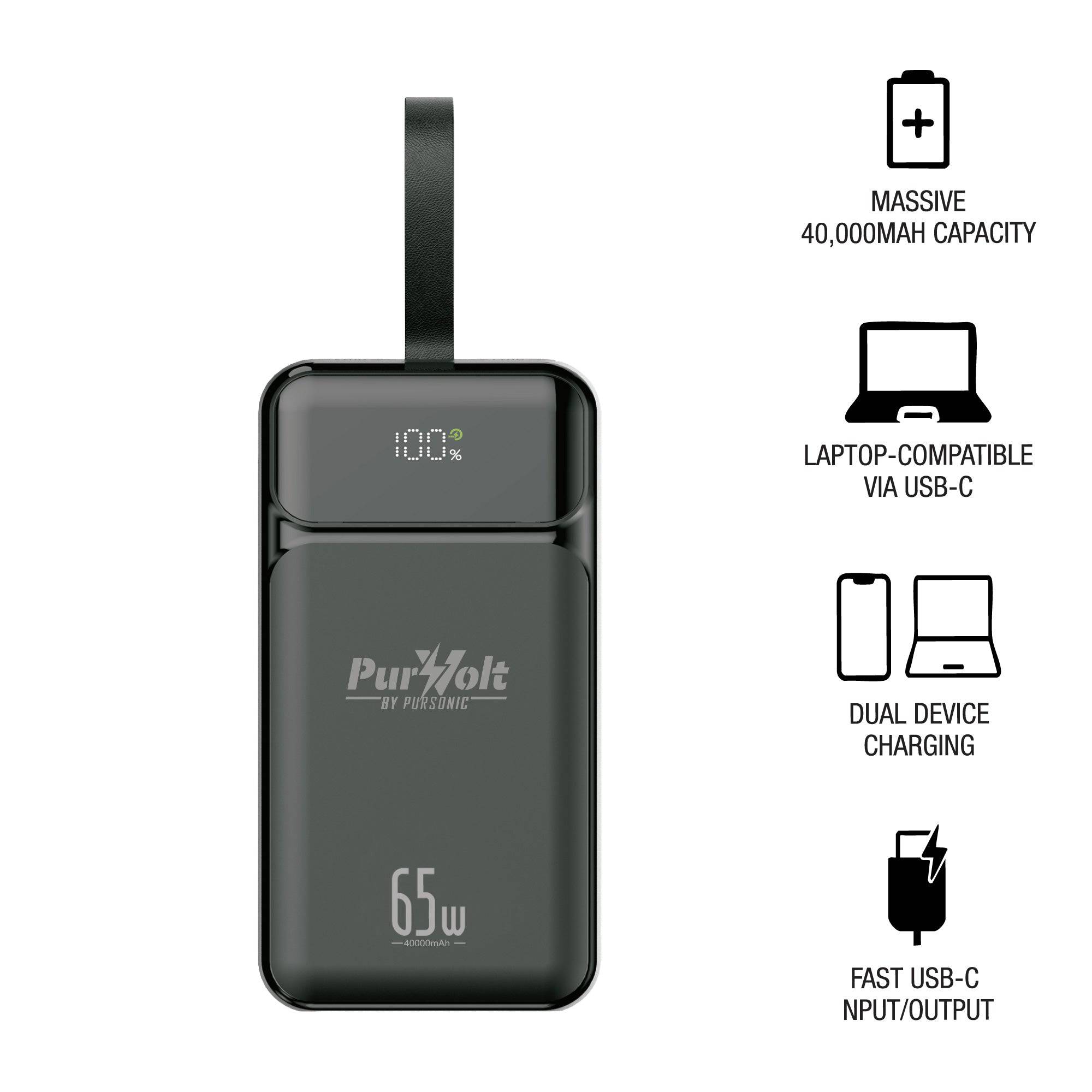 Pursonic PurVolt 40,000mAh high-capacity power bank with multiple ports for laptops, phones, and electronic devices.