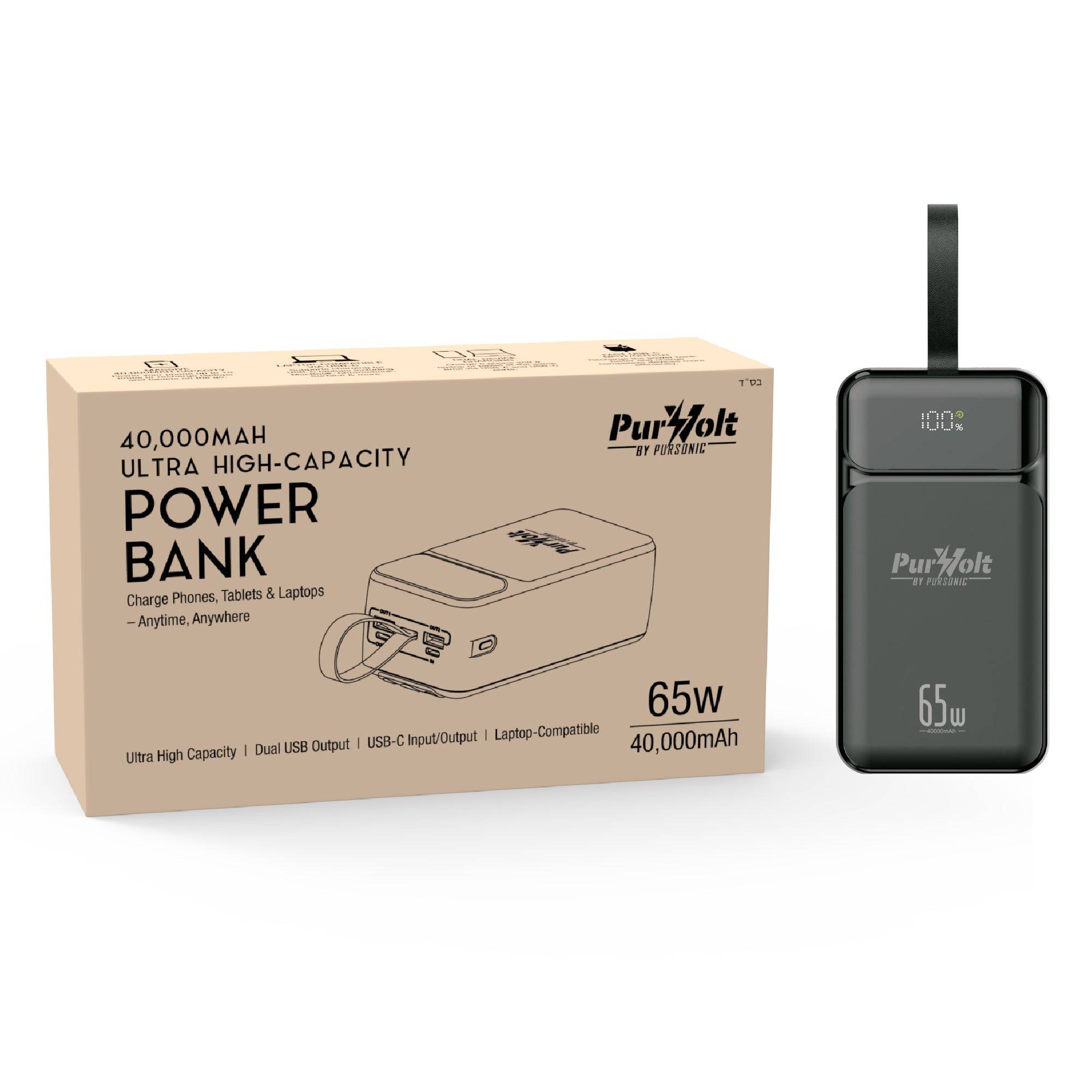 Pursonic PurVolt 40,000mAh ultra high-capacity power bank for laptops, phones, and electronic devices.
