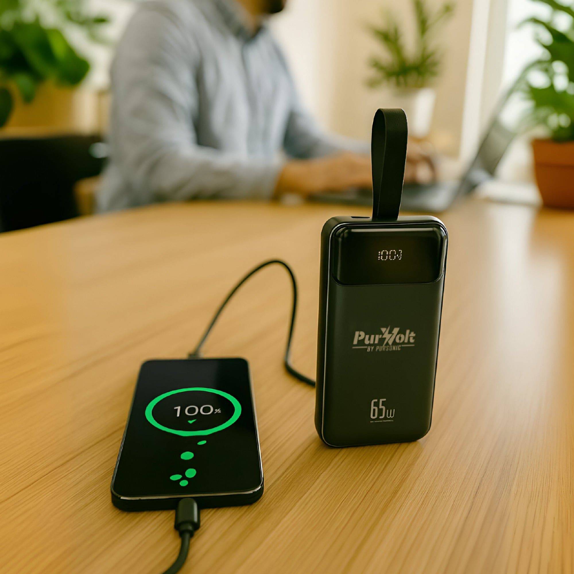 Pursonic PurVolt 40,000mAh high-capacity power bank charging a laptop and smartphone in a modern lifestyle setting.