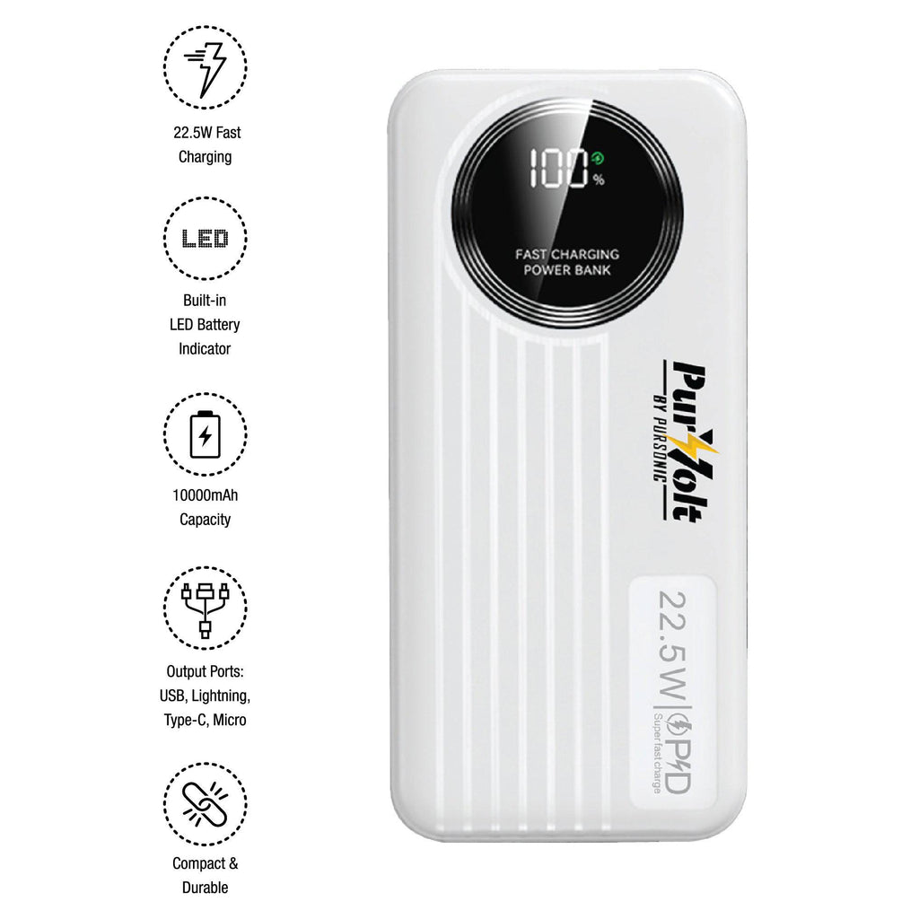 Pursonic 10,000mAh LED fast charging power bank with built-in cables, Type-C, USB, and Lightning compatibility, and 22.5W output.