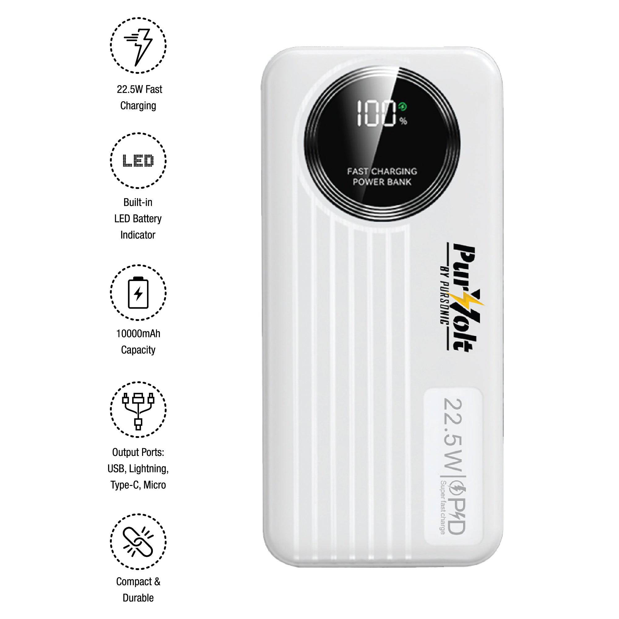 Pursonic 10,000mAh LED fast charging power bank with built-in cables, Type-C, USB, and Lightning compatibility, and 22.5W output.