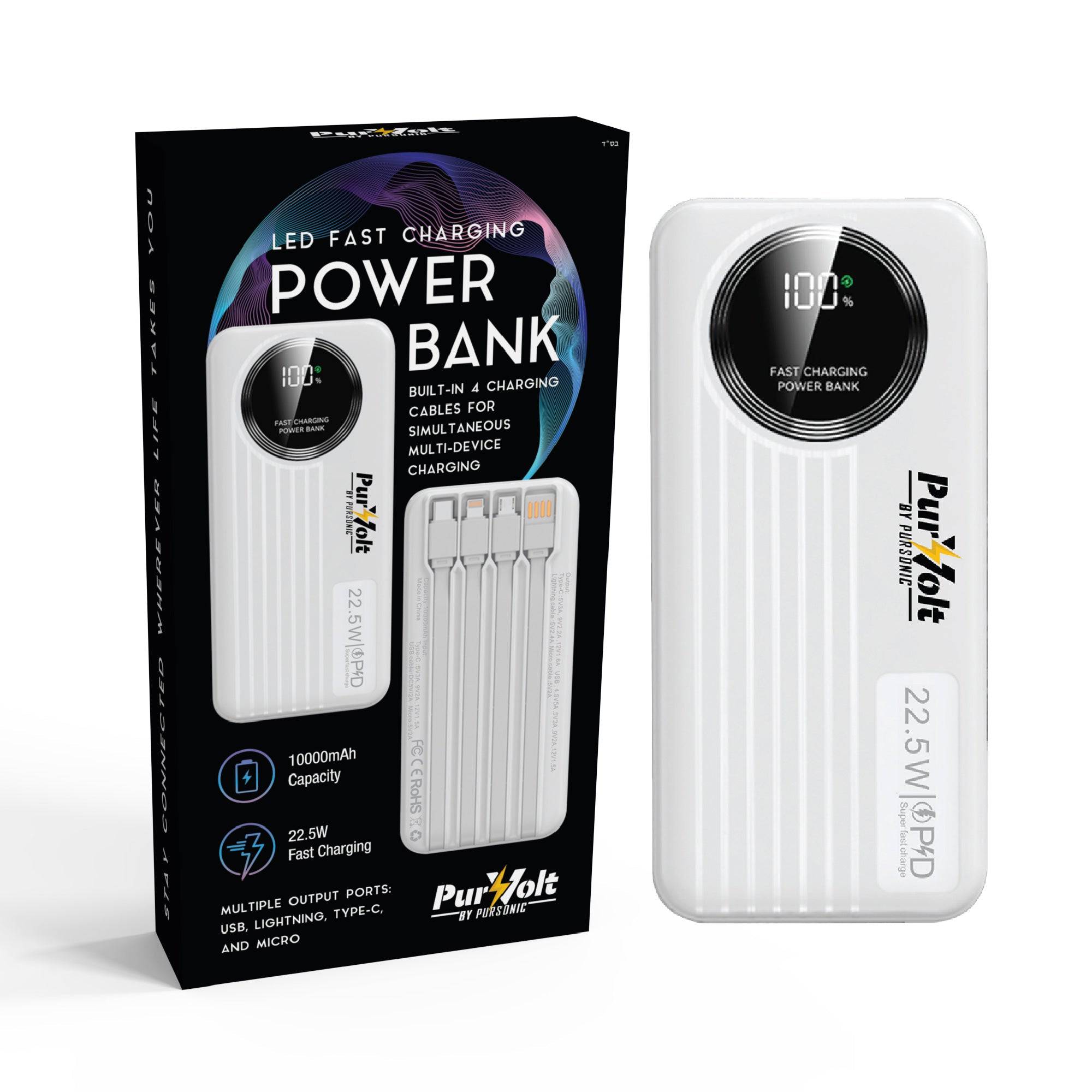 Pursonic 10,000mAh LED fast charging power bank with built-in cables, USB, Type-C, Lightning ports, and 22.5W output.