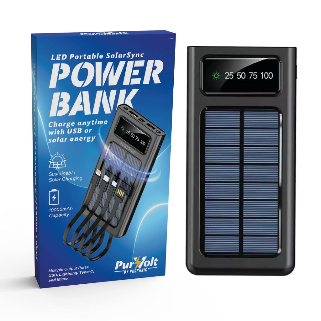 Pursonic LED Portable Solarsync Power Bank with solar panel, compact electronic device for charging on the go.