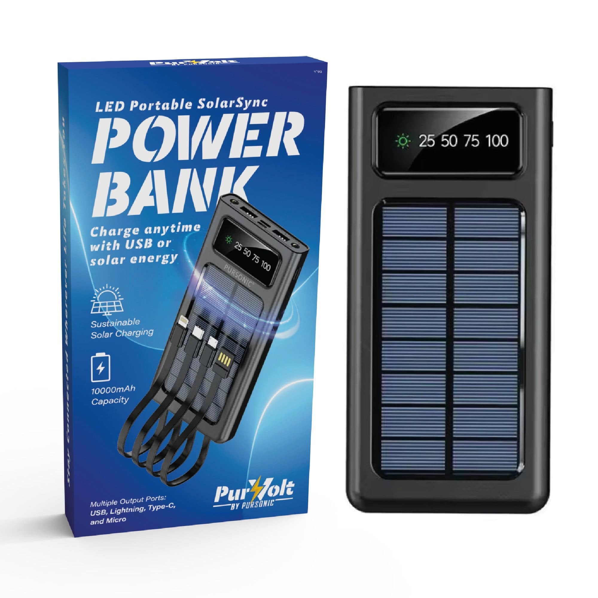 Pursonic LED Portable Solarsync Power Bank with solar panel, compact electronic device for charging on the go.