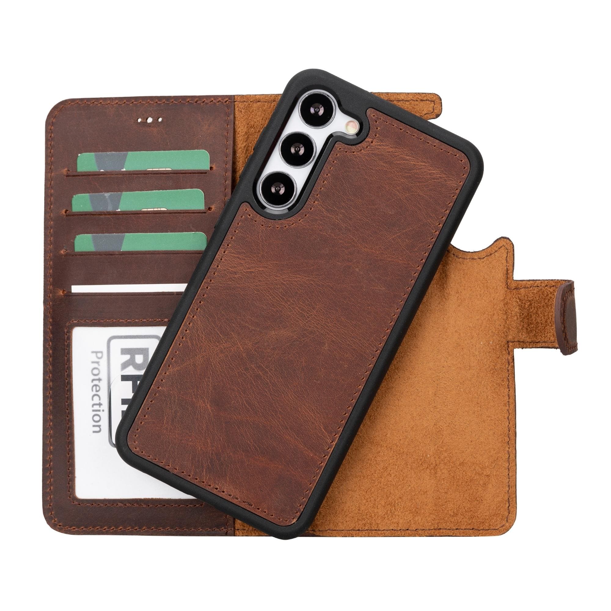 TORONATA Buffalo leather wallet case for Samsung Galaxy S23 Plus, detachable design, in rich brown with card slots and secure fit.