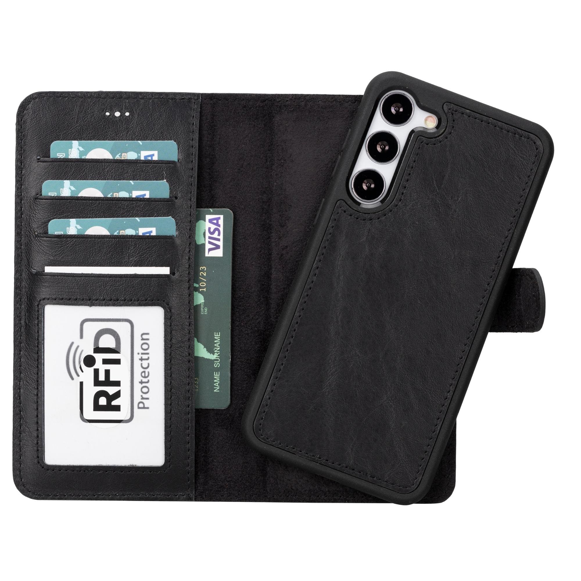 Black Buffalo leather wallet case for Samsung Galaxy S23 Plus by TORONATA, featuring a detachable design and card slots.