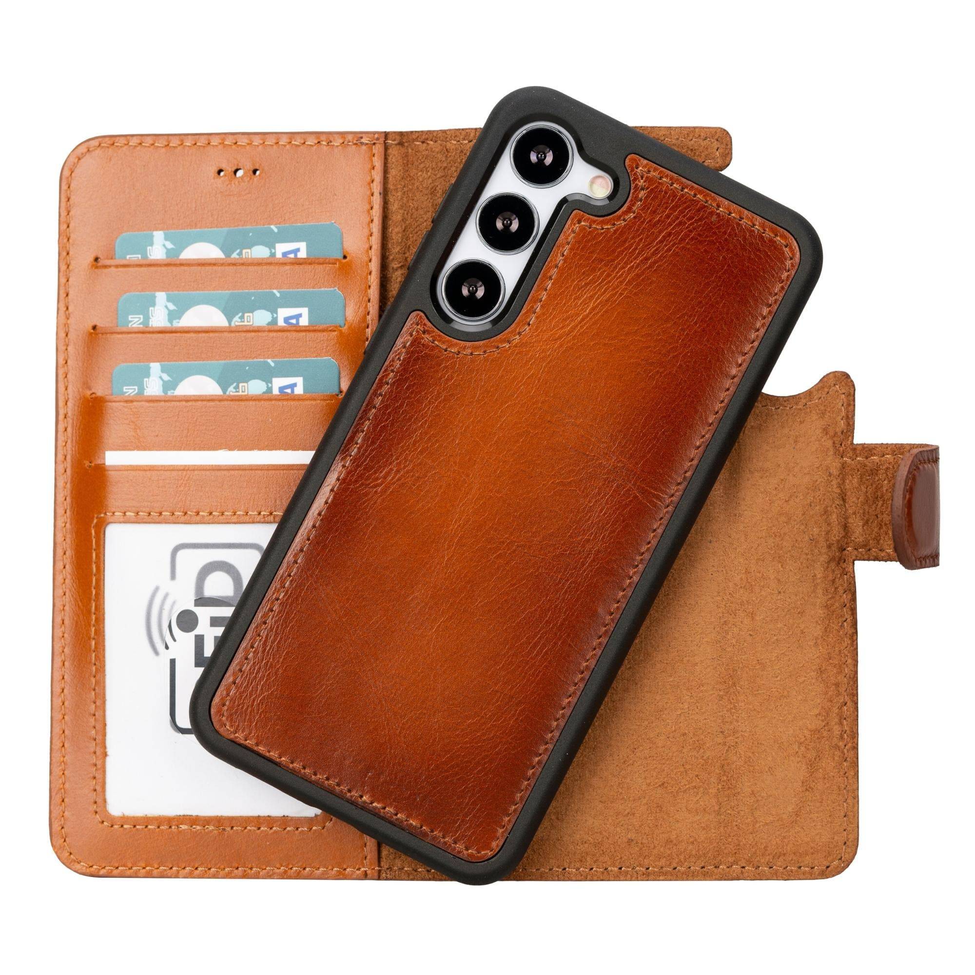 TORONATA Buffalo leather wallet case for Samsung Galaxy S23 Plus, featuring a detachable design in tan leather.