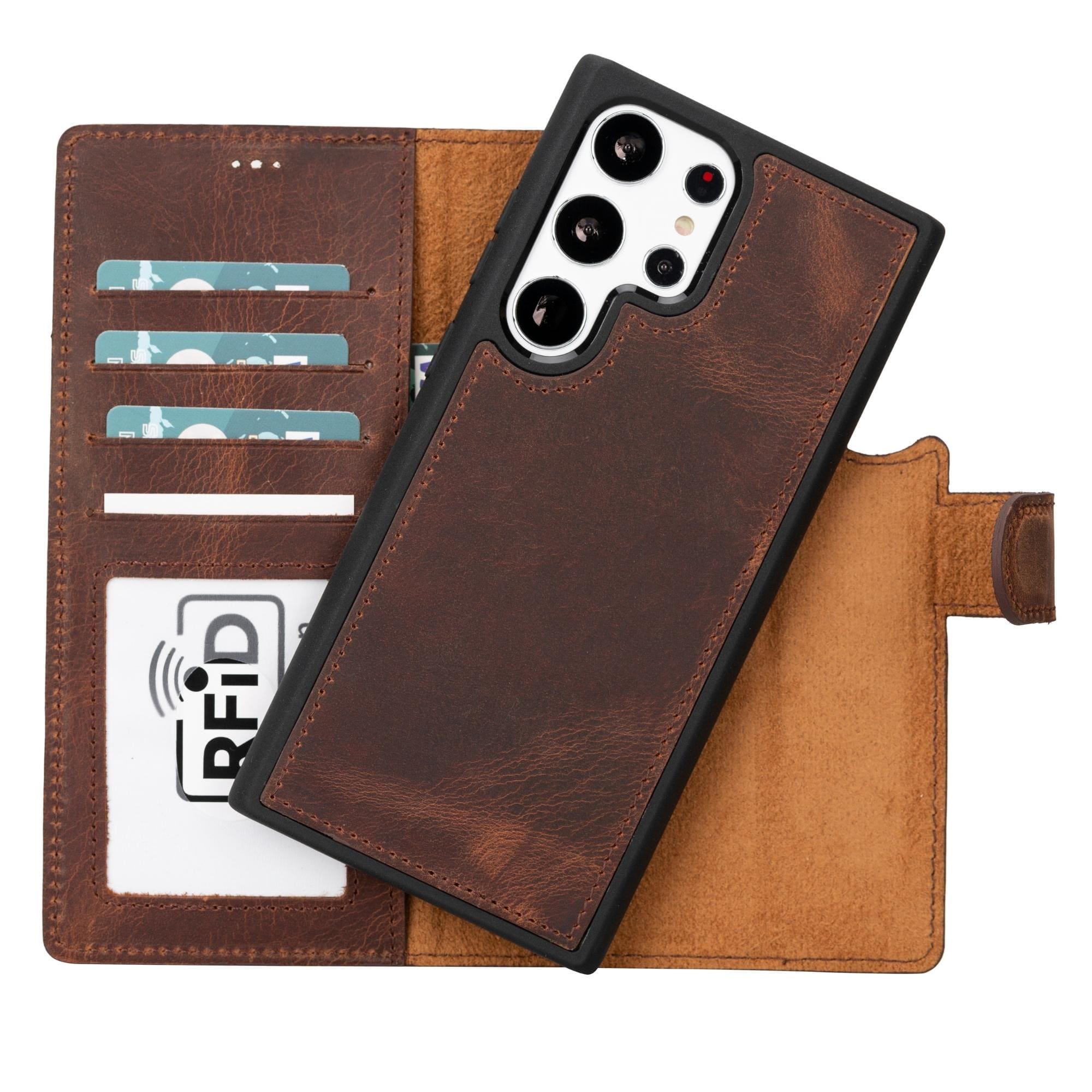 TORONATA leather wallet case for Samsung Galaxy S23 Ultra, featuring a detachable design and anti-brown buffalo leather.