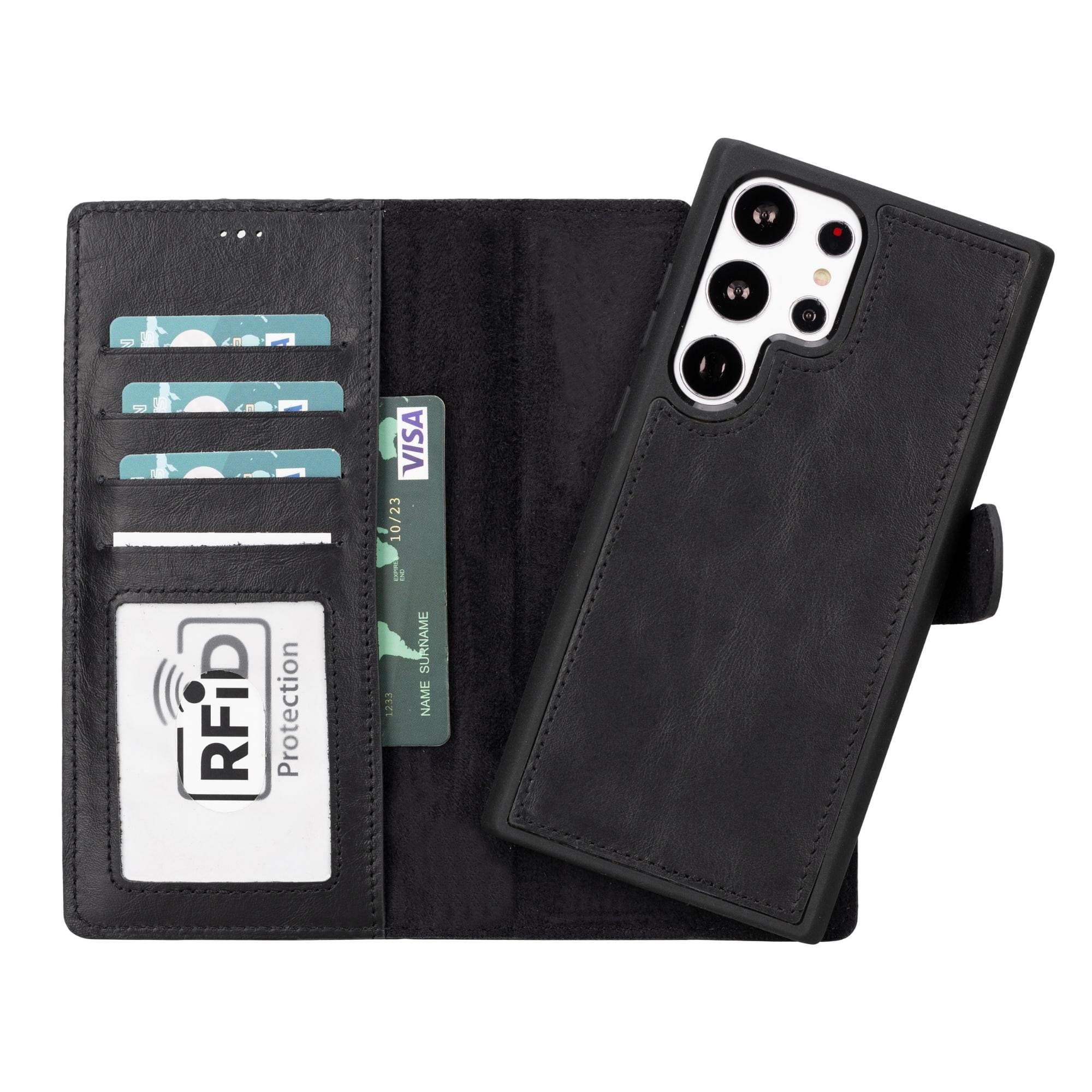 Black Buffalo leather wallet case for Samsung Galaxy S23 Ultra by TORONATA, featuring a detachable design and card slots.