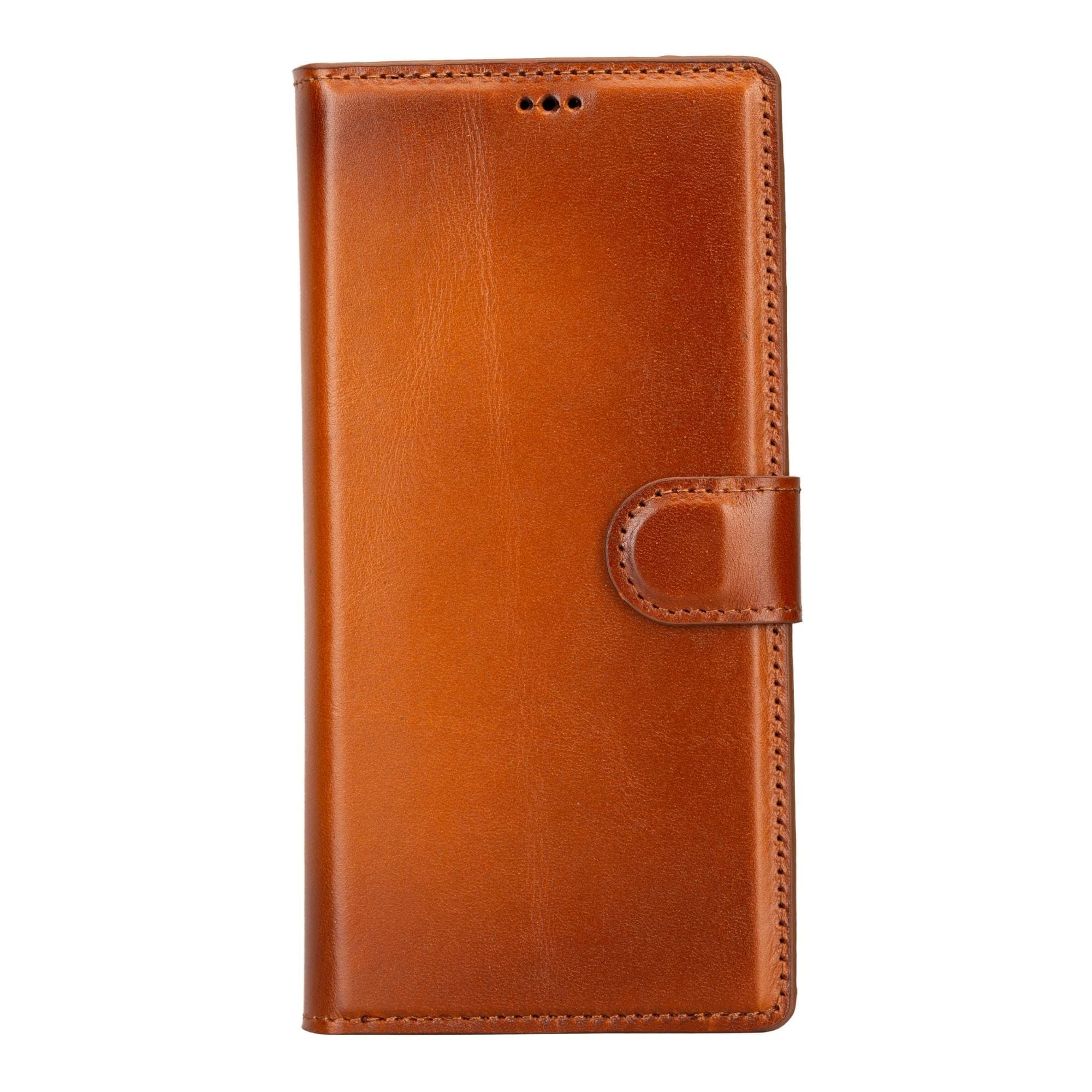 TORONATA Buffalo leather wallet case for Samsung Galaxy S23 Ultra, featuring a detachable design and tan finish.