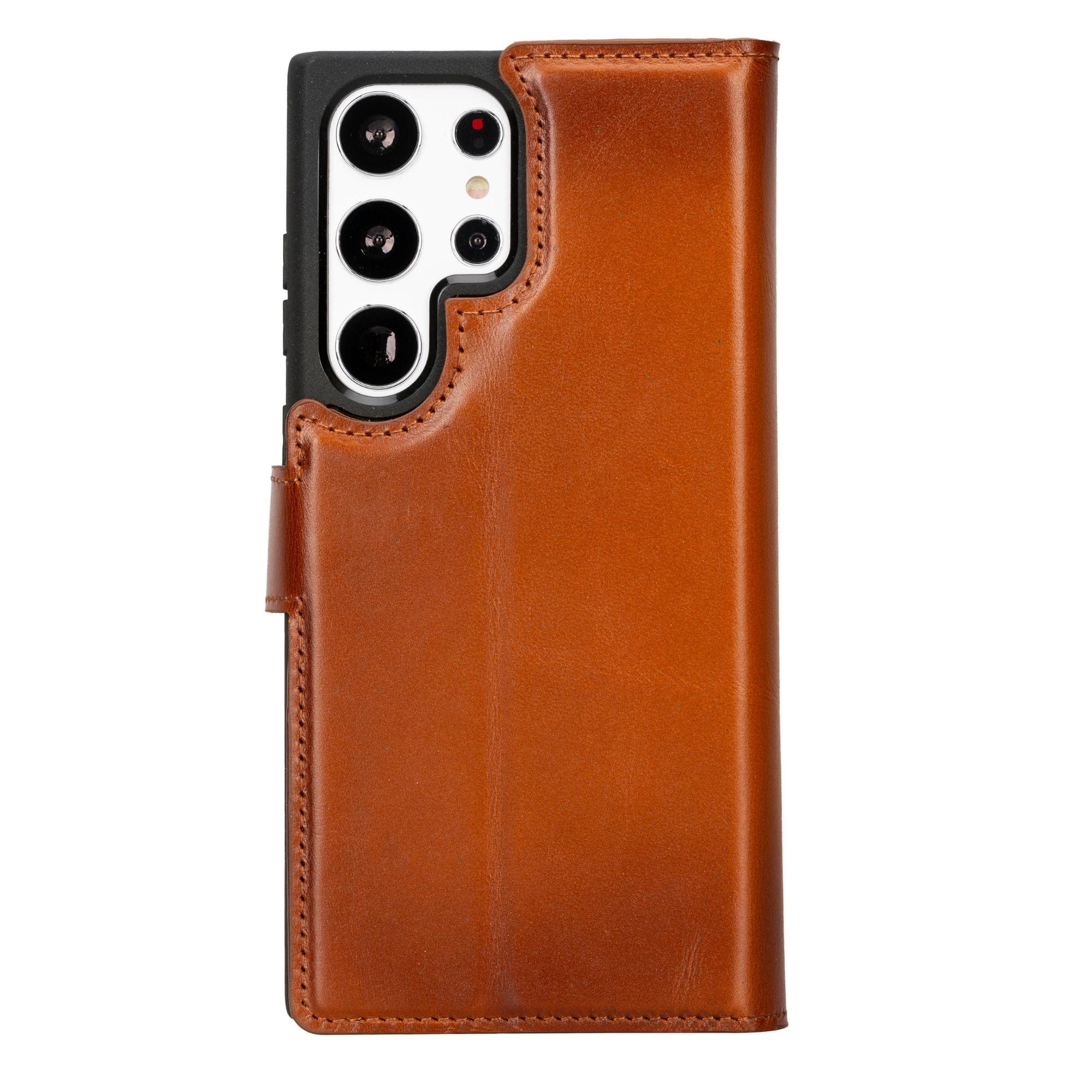 Samsung Galaxy S23 Ultra leather wallet case by TORONATA with detachable buffalo leather cover in tan, featuring card slots and secure fit.