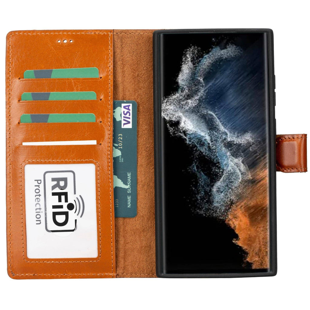 TORONATA Buffalo leather wallet case for Samsung Galaxy S23 Ultra, detachable design in tan, showing front and side view.