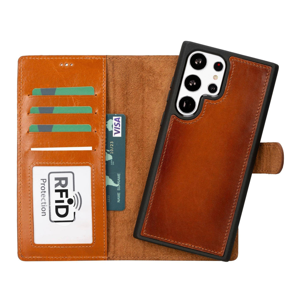 TORONATA Buffalo leather wallet case for Samsung Galaxy S23 Series, featuring a detachable design and premium leather finish.