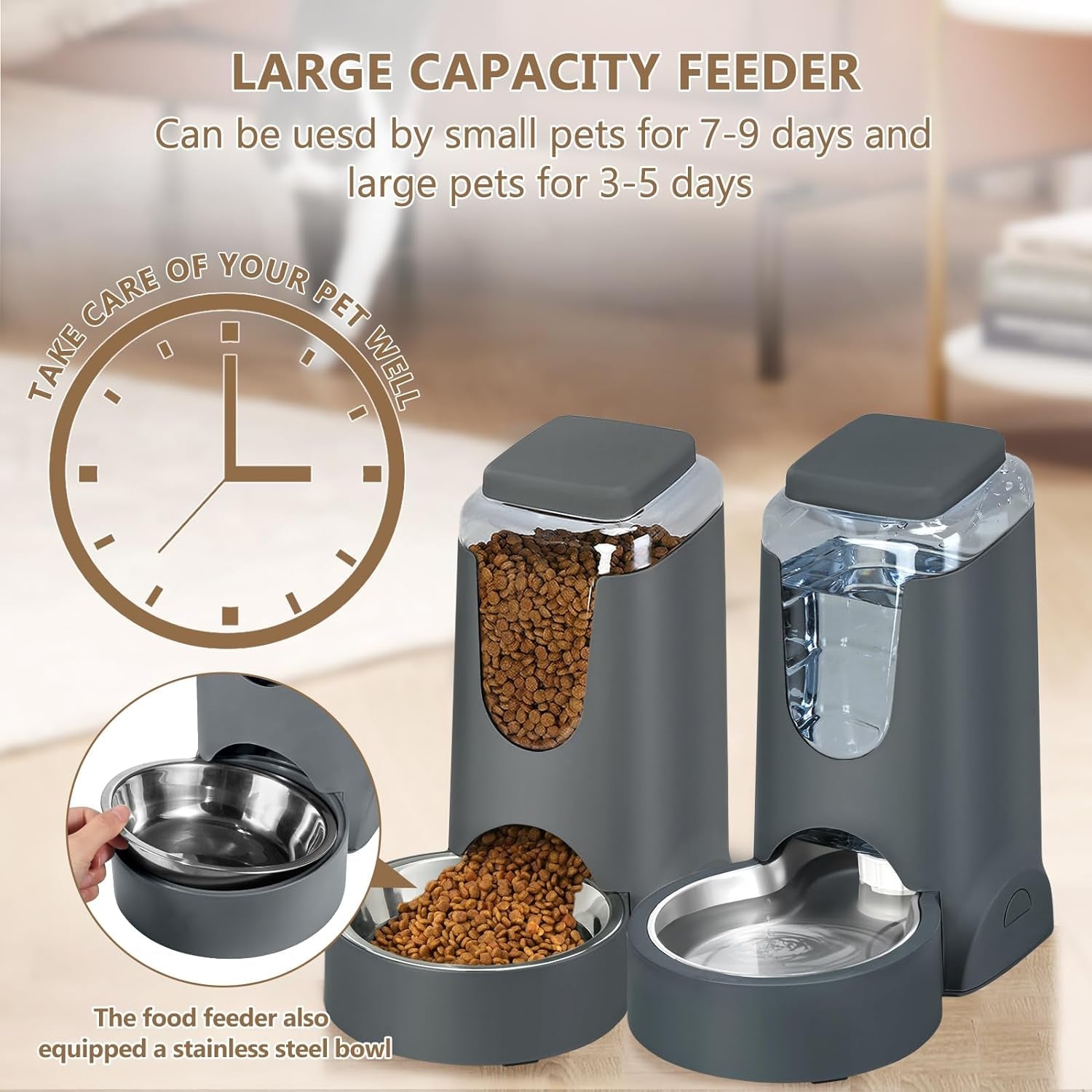 Automatic Cat Feeder & Water Dispenser Set, Steel Bowls, 1 Gallon