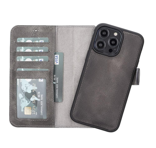 TORONATA Casper iPhone 12 series leather wallet case with detachable design, featuring card slots and a secure phone compartment.