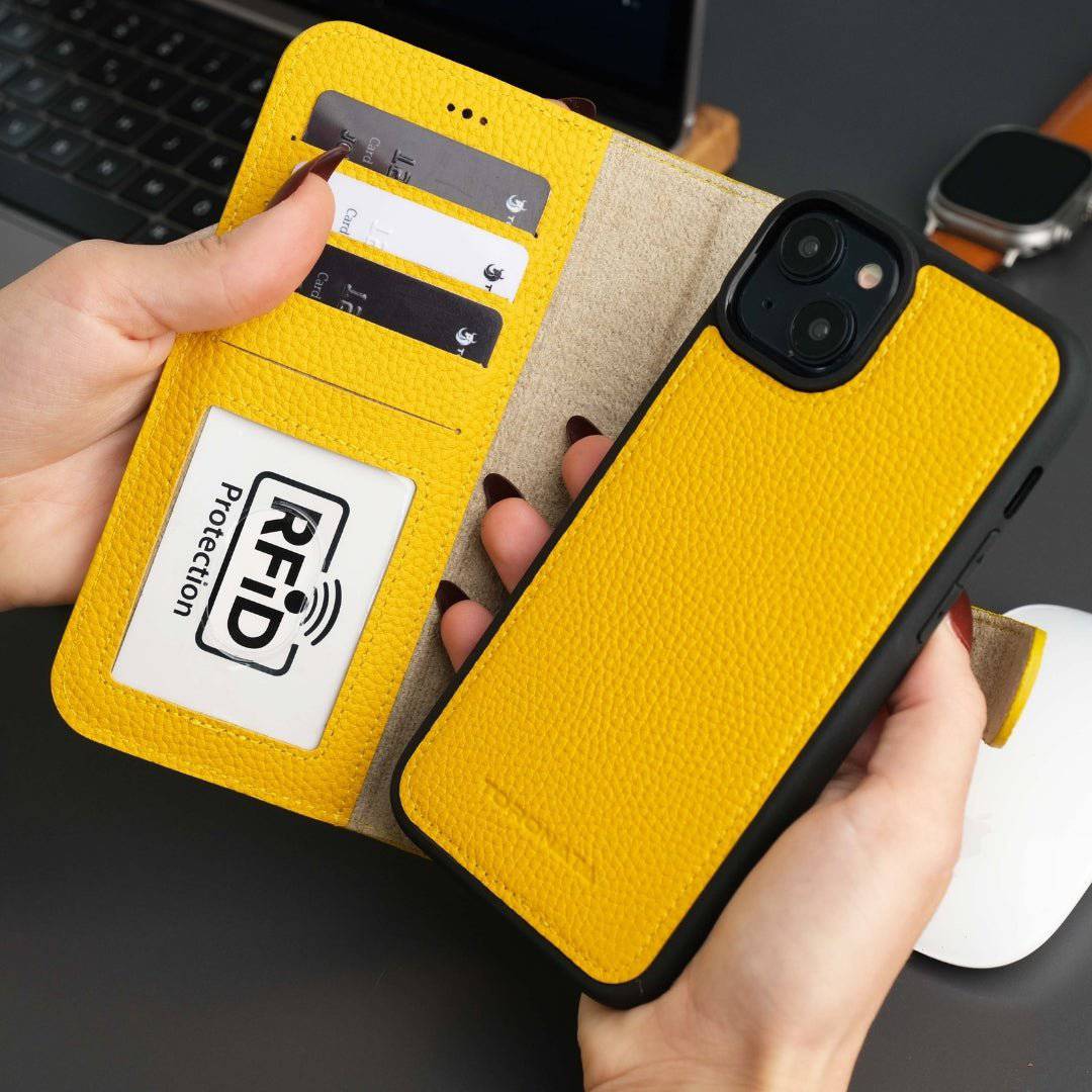 Yellow leather Casper iPhone 17 Air wallet case by TORONATA with MagSafe compatibility, designed for iPhone 16 Plus or 17 models.
