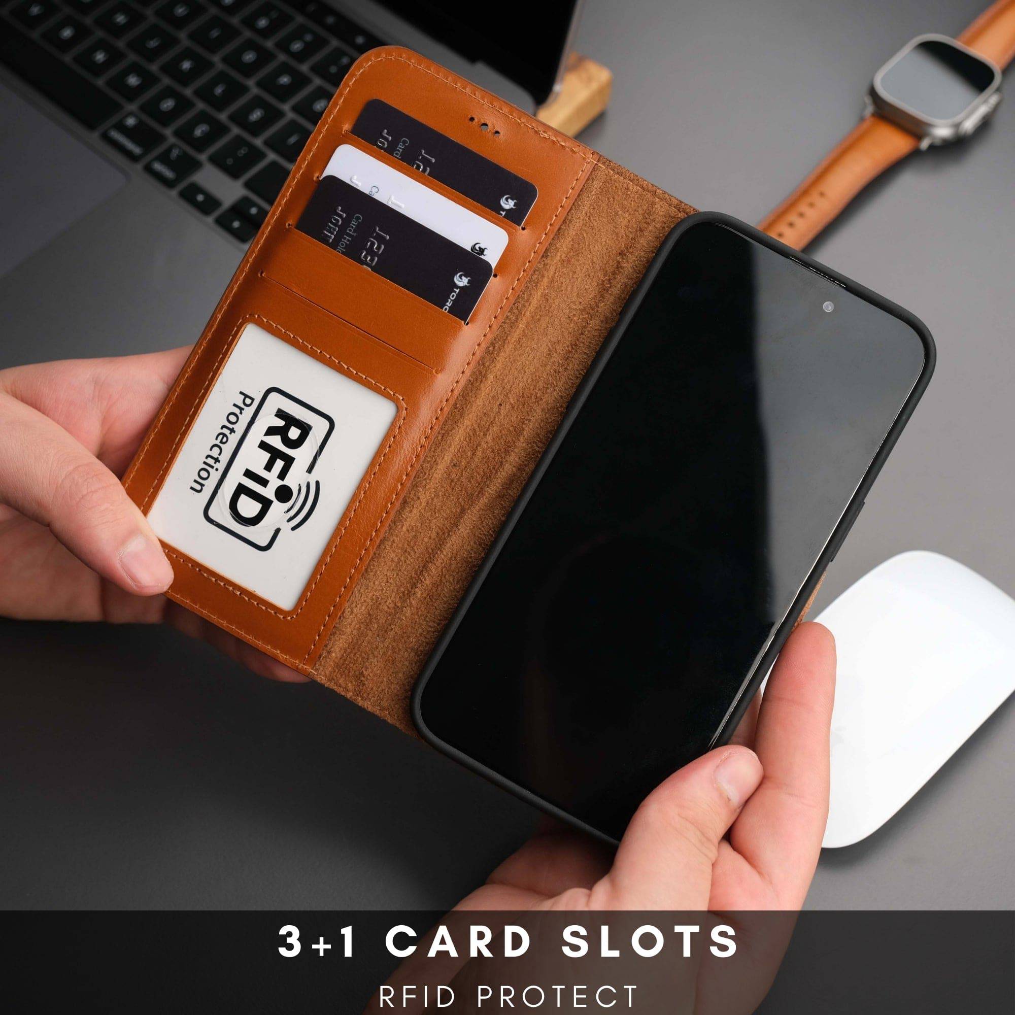 TORONATA leather wallet case for iPhone 16 Pro Max with MagSafe, tan color, offers protection and card storage.
