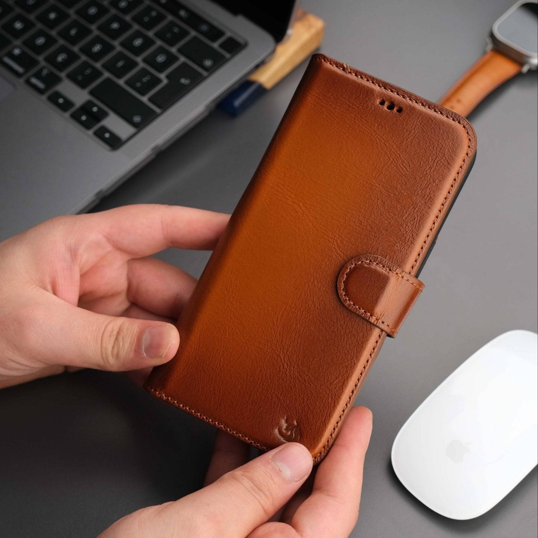 TORONATA leather wallet case for iPhone 16 Pro Max with MagSafe, tan color, featuring card slots and secure fit.