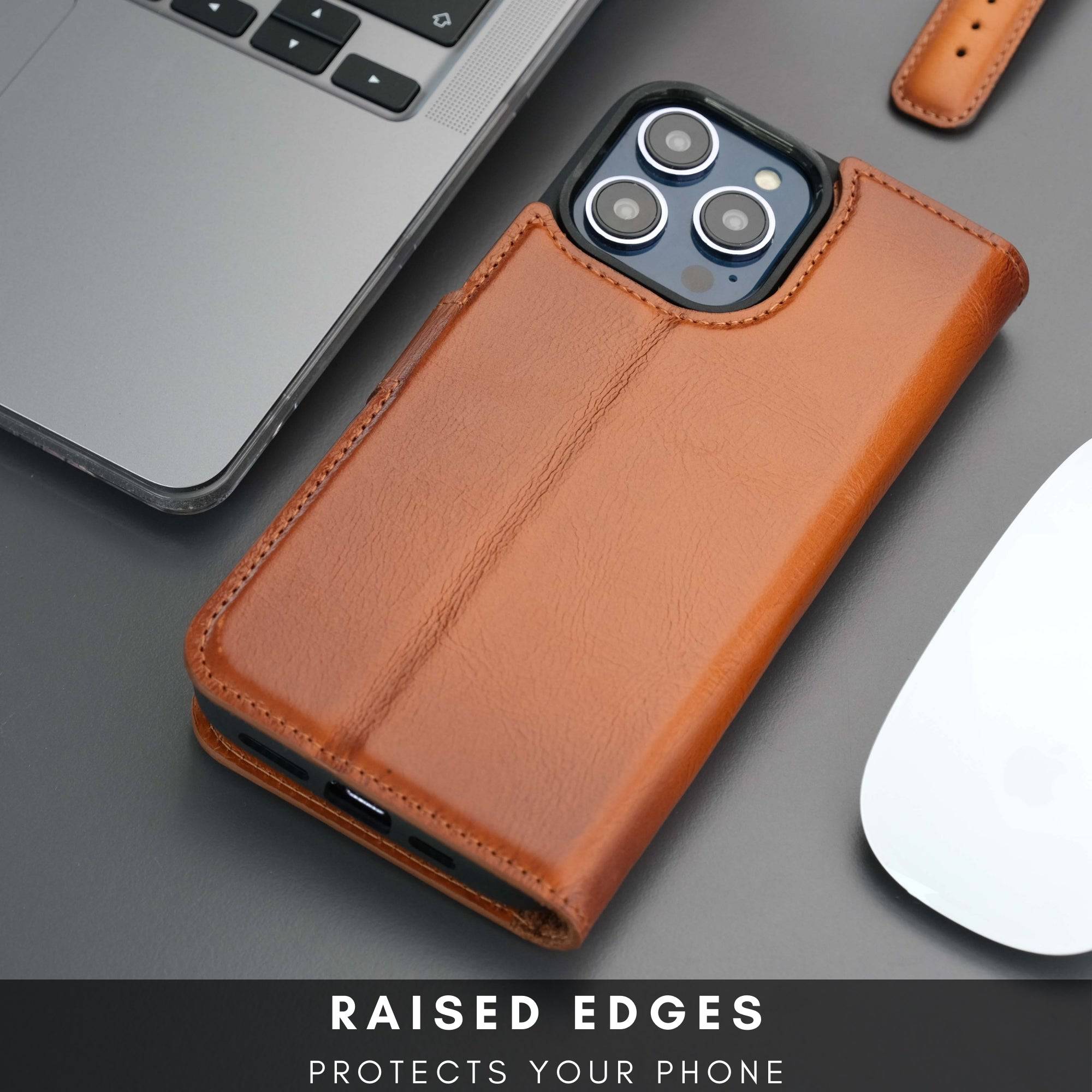 TORONATA leather wallet case for iPhone 16 Pro Max with MagSafe, tan color, featuring card slots and protective design.
