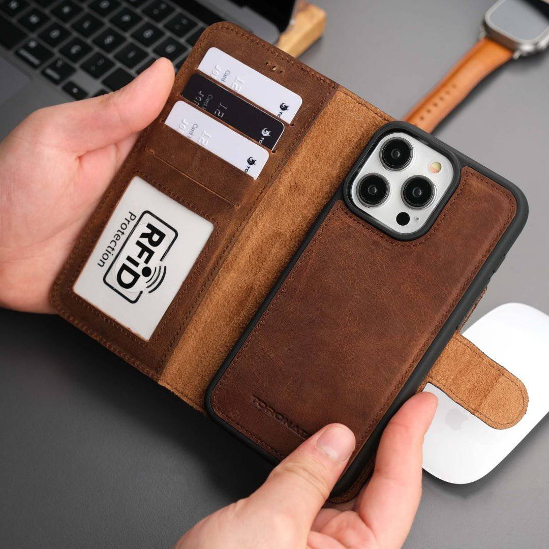 TORONATA Casper iPhone 16 Pro Max leather wallet case with MagSafe, in antique brown, showing front view with card slots.