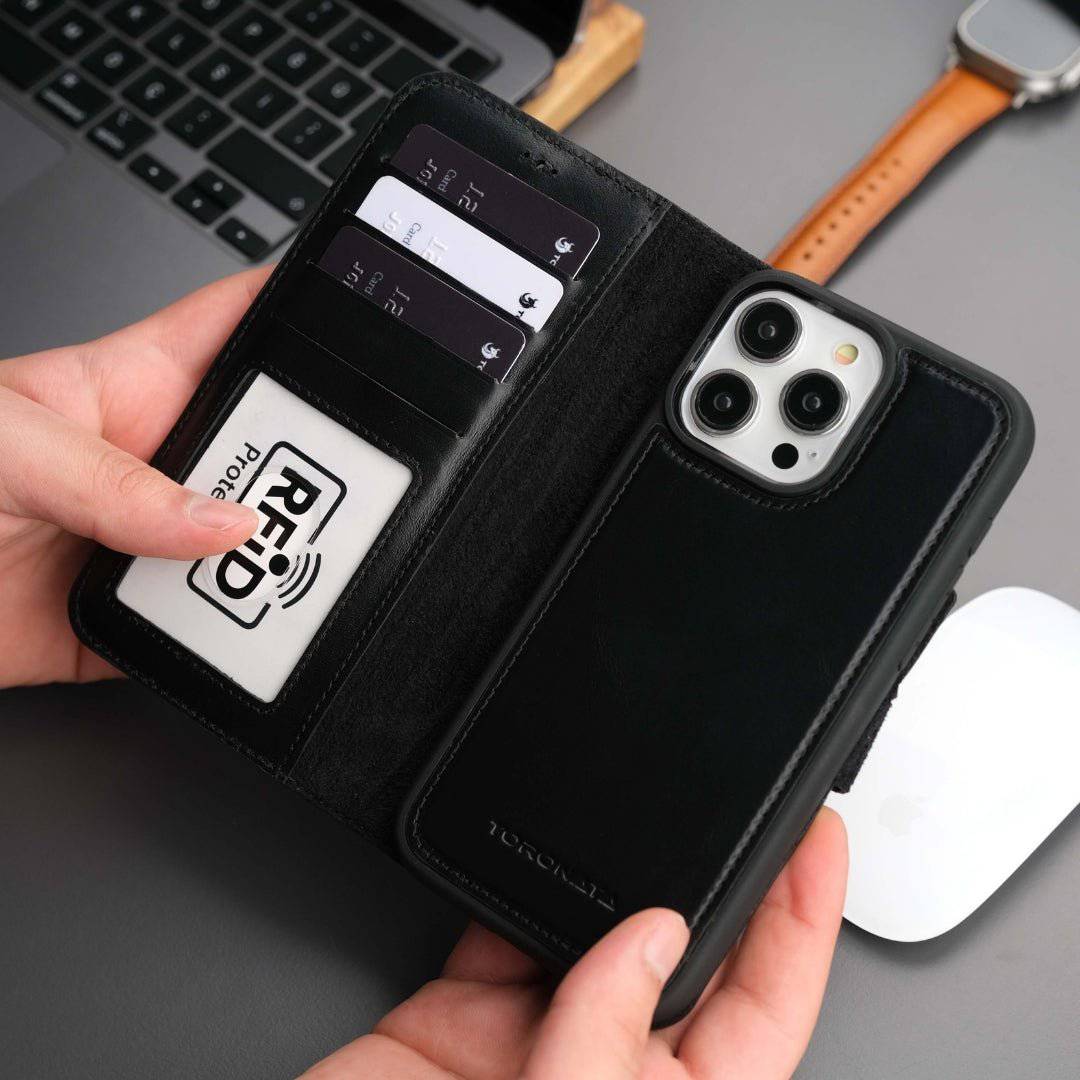 Black leather Casper iPhone 16 Pro Max Wallet Case with MagSafe from TORONATA, featuring card slots and secure fit.