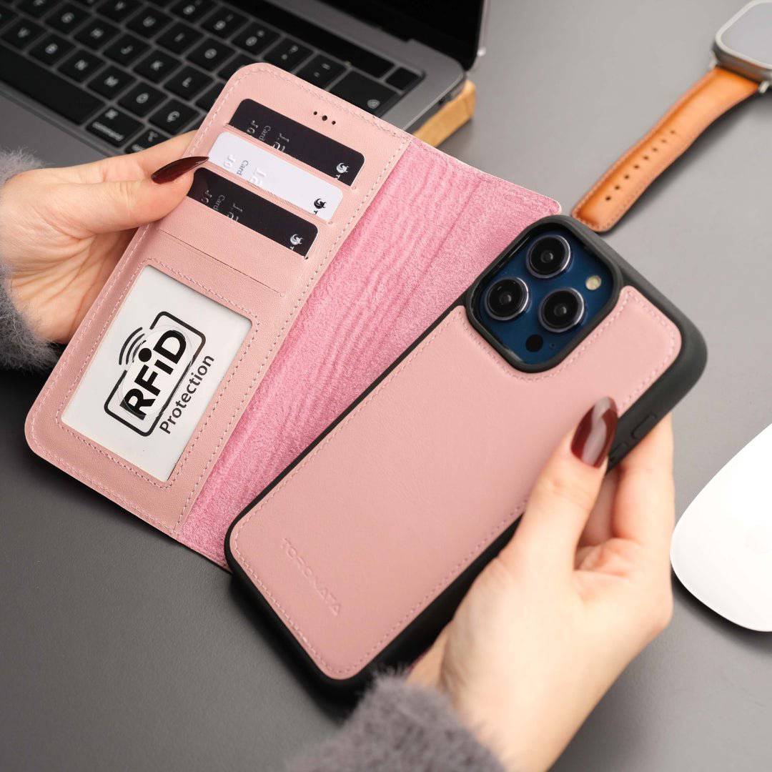 TORONATA Casper iPhone 16 Pro Max wallet case in pink leather with MagSafe compatibility, designed for secure phone protection.