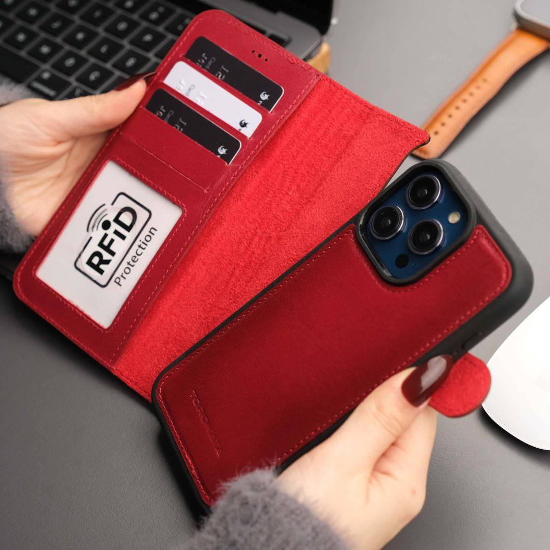 Red leather Casper iPhone 16 Pro Max Wallet Case by TORONATA with MagSafe, featuring card slots and sleek protective design.