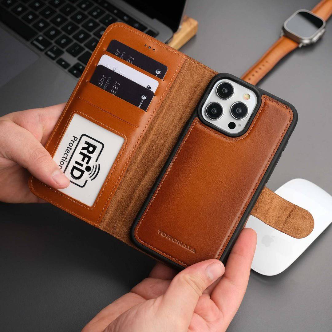 Casper iPhone 16 Pro Max leather wallet case with MagSafe, tan color, by TORONATA, featuring card slots and protective design.