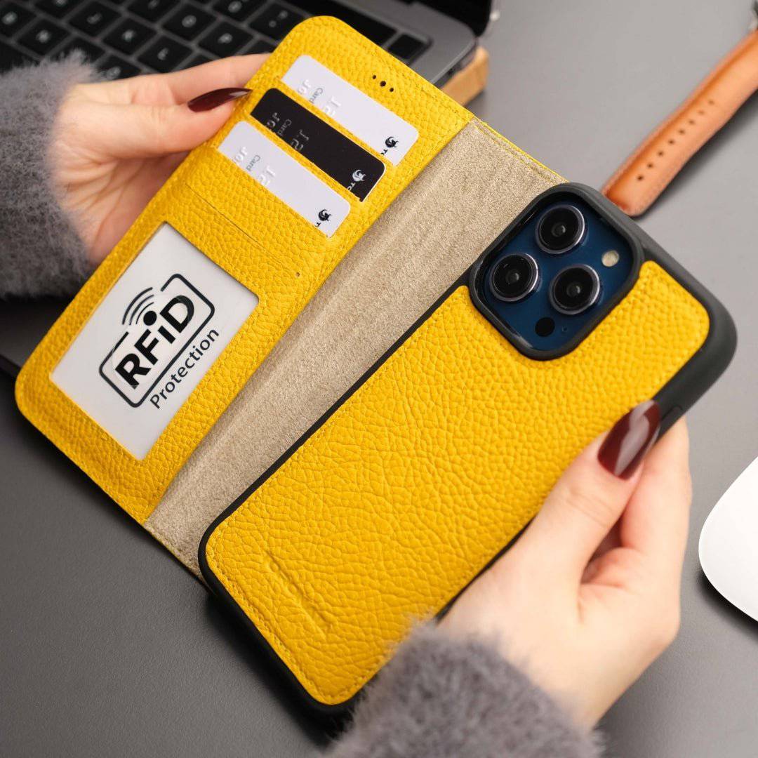 Yellow leather Casper iPhone 16 Pro Max Wallet Case with MagSafe by TORONATA, featuring card slots and sleek design.