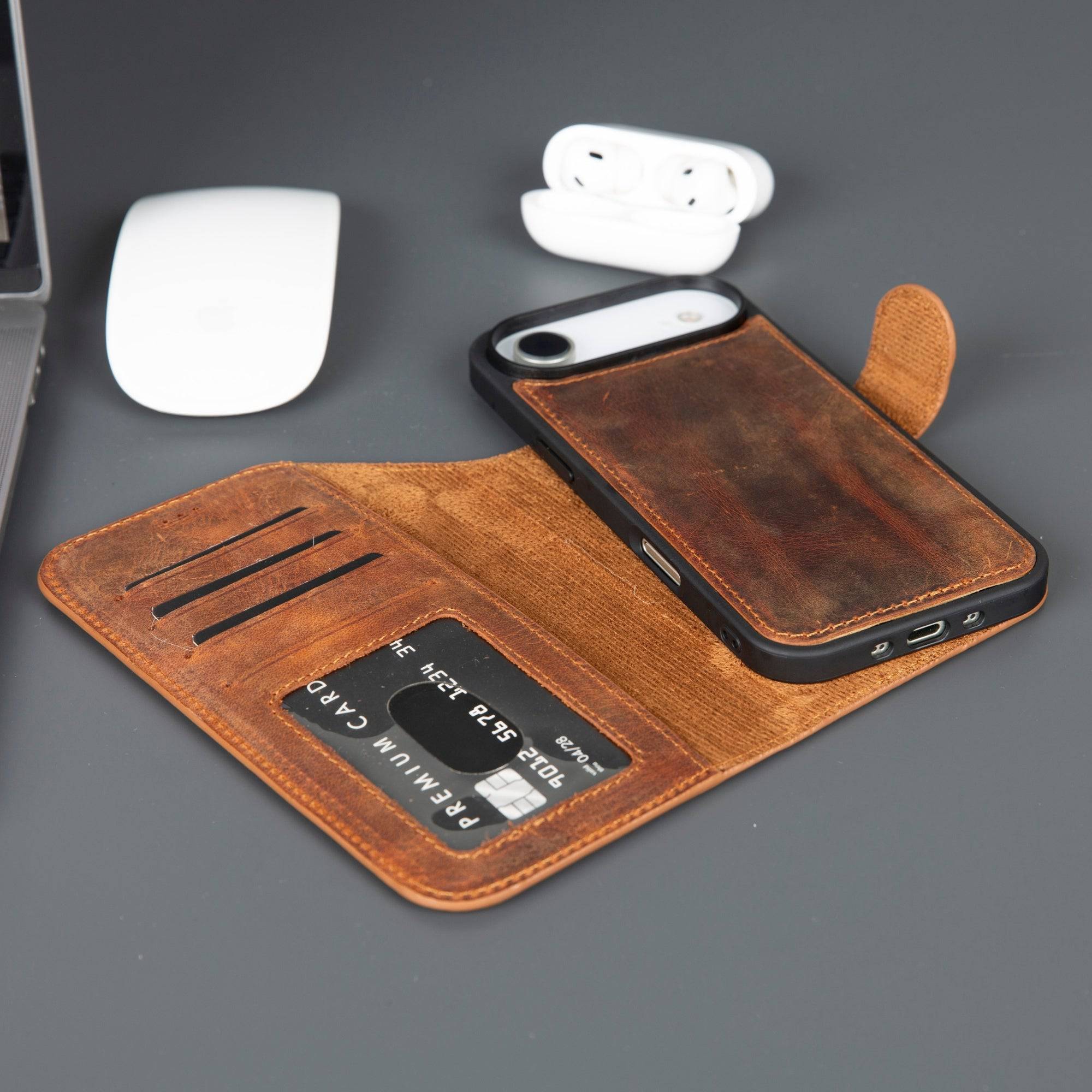 TORONATA Casper iPhone 17 Air leather wallet case in antique brown with MagSafe compatibility, featuring card slots and durable leather.