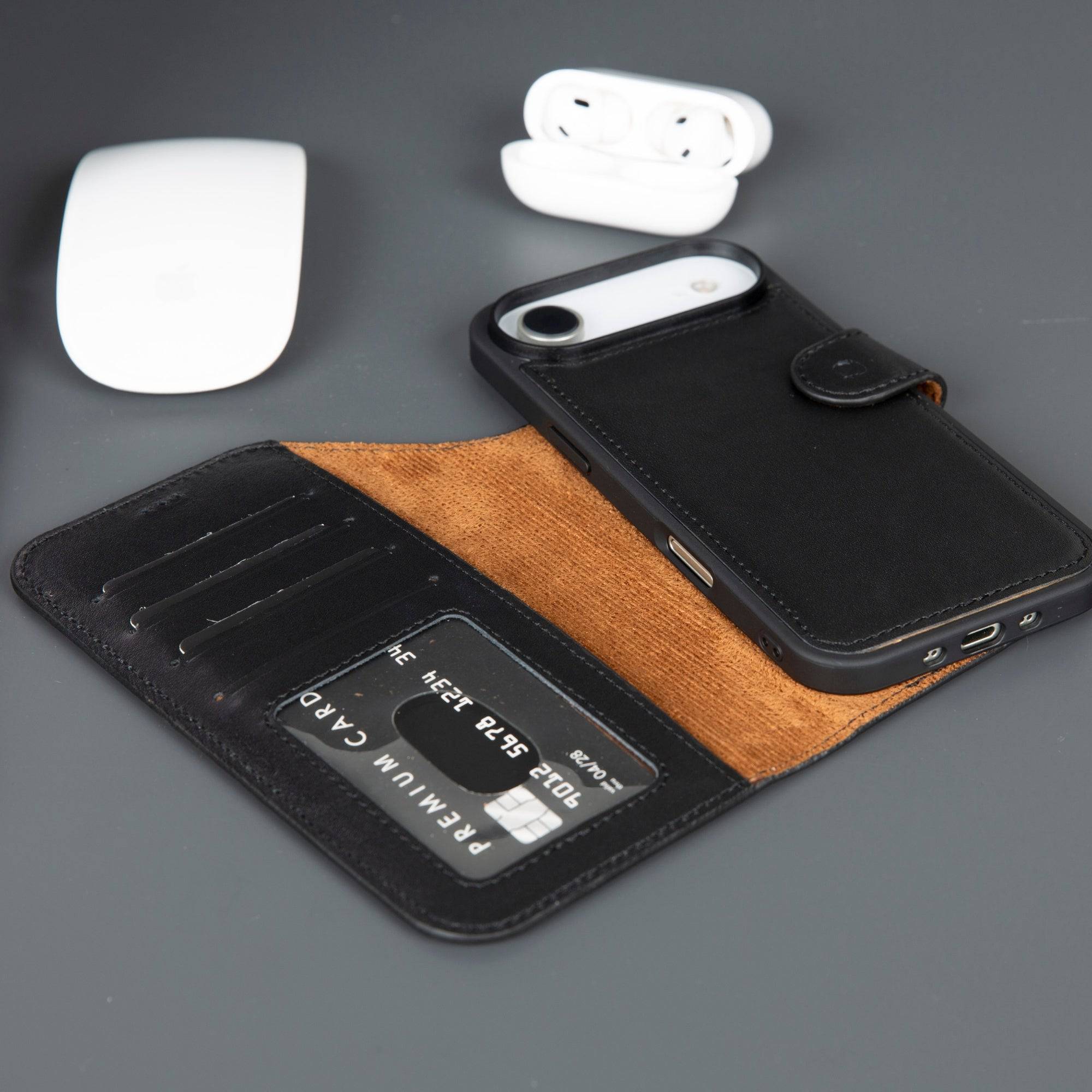 Black TORONATA Casper iPhone 17 Air leather wallet case with MagSafe compatibility, featuring card slots and secure fit.