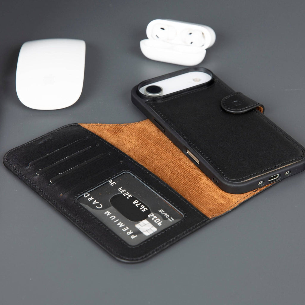 Black Casper iPhone 17 Air leather wallet case by TORONATA, MagSafe compatible, with card slots and sleek mobile phone protection.