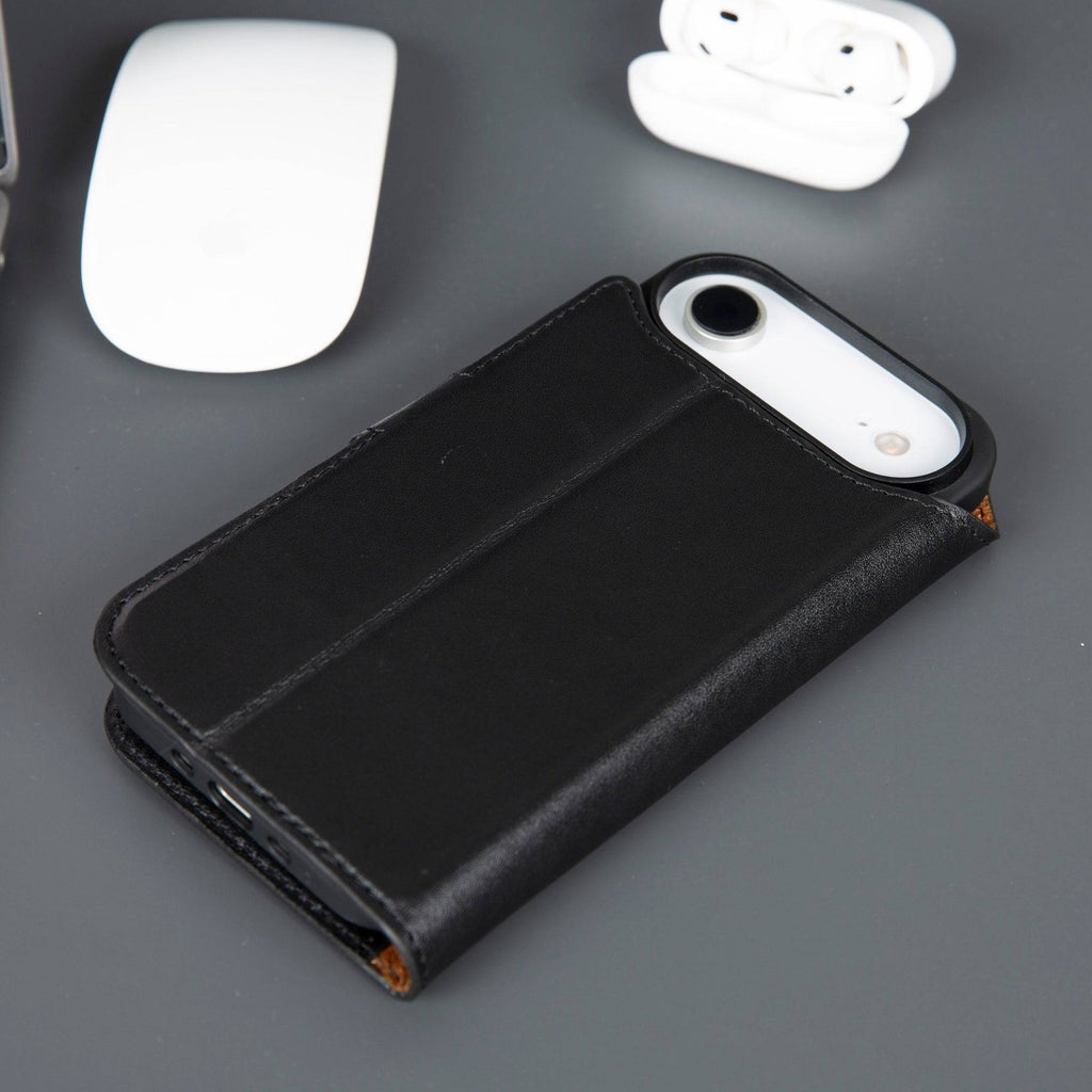 Black TORONATA Casper iPhone 17 Air leather wallet case with MagSafe compatibility and card slots, designed for iPhone 17.