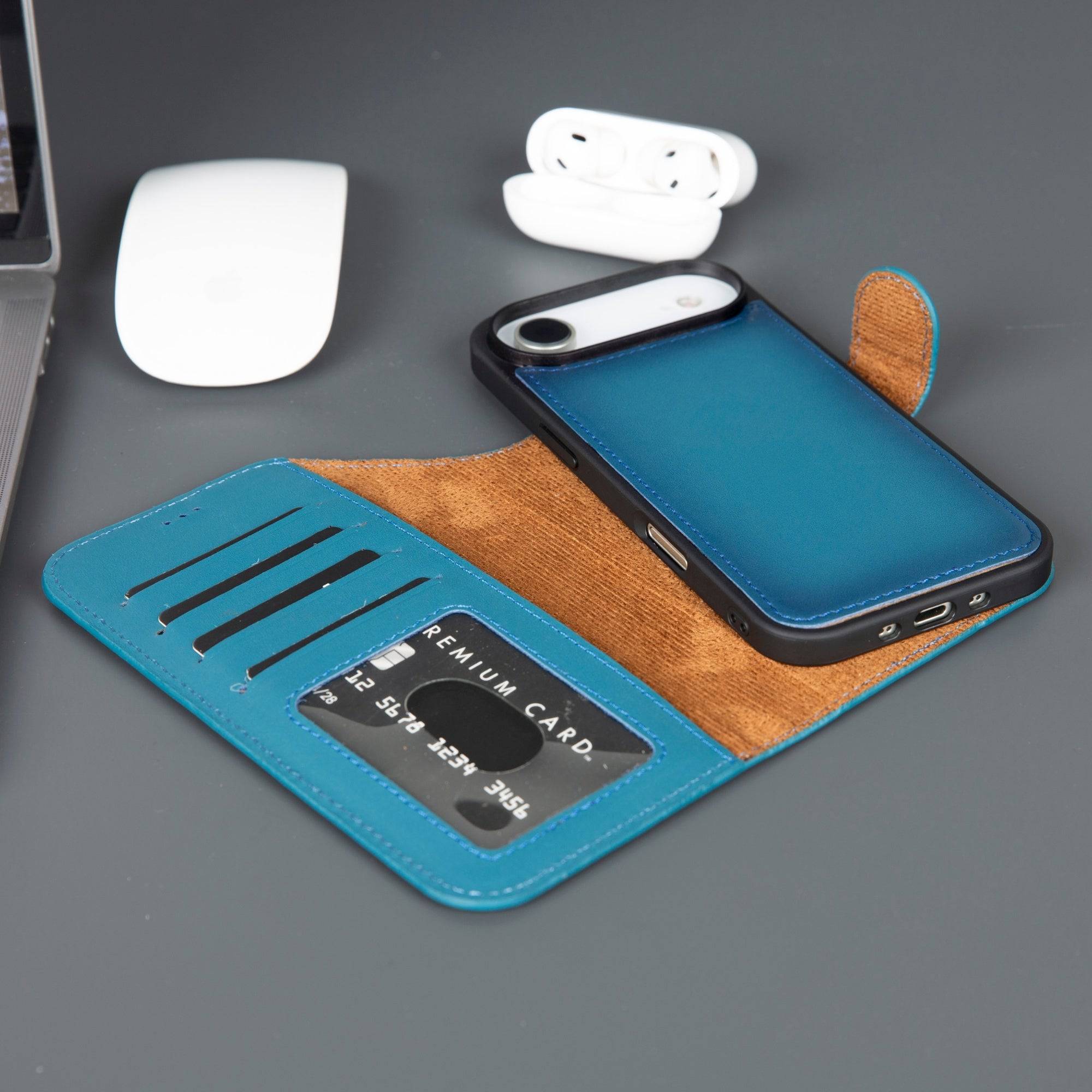 Blue Casper iPhone 17 Air leather wallet case by TORONATA with MagSafe compatibility, featuring a sleek, slim design for mobile protection.
