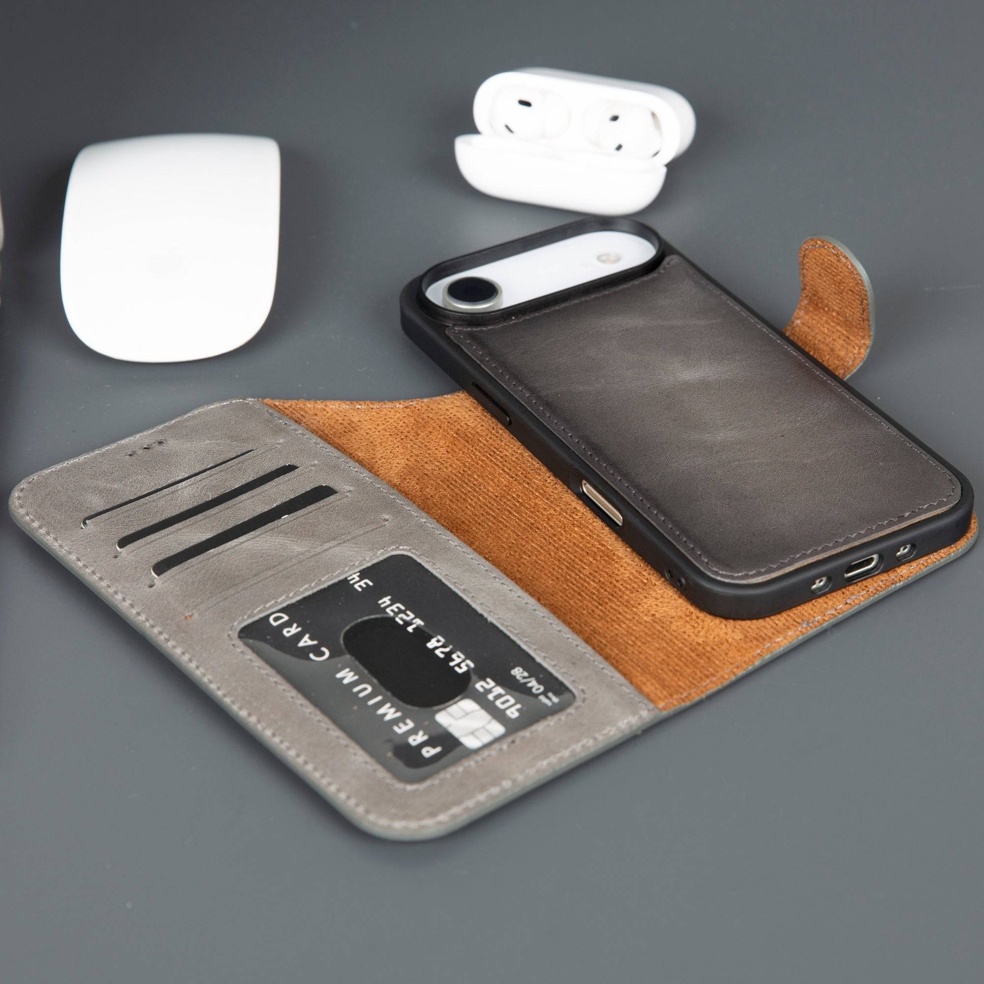 TORONATA Casper iPhone 17 Air leather wallet case in grey, MagSafe compatible, with card slots and sleek design.