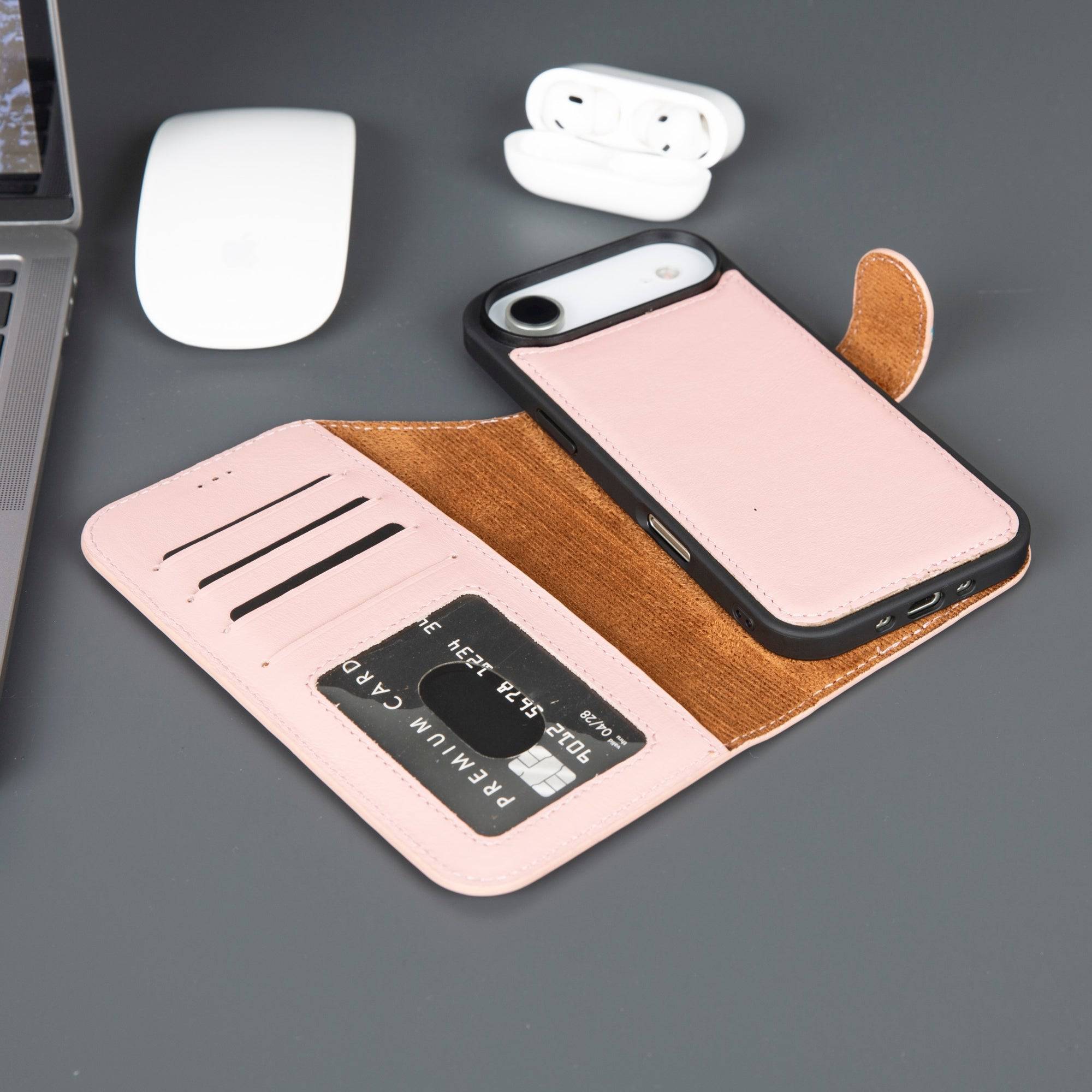 Pink Casper iPhone 17 Air leather wallet case by TORONATA, MagSafe compatible, showing the sleek exterior and card slots.