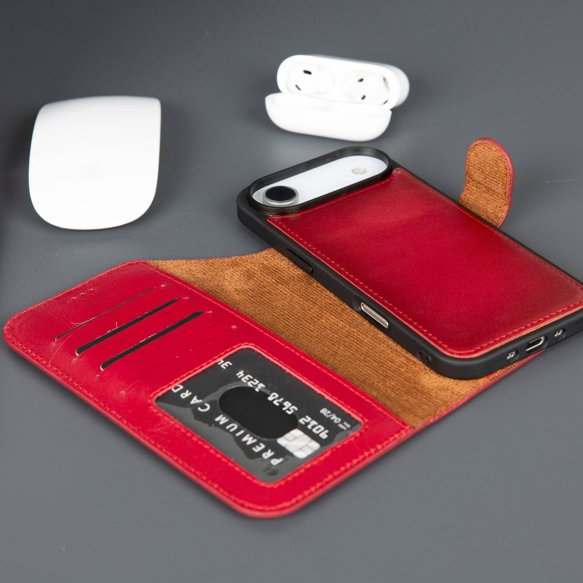 Red leather Casper iPhone 17 Air wallet case by TORONATA with MagSafe compatibility, featuring card slots and sleek design.