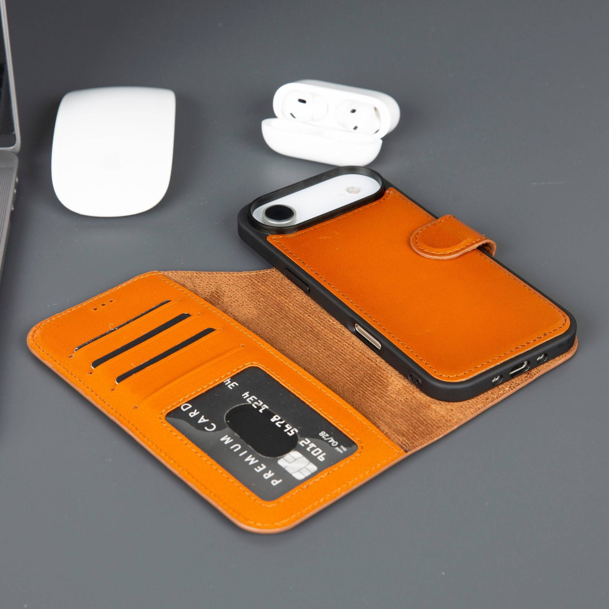 TORONATA Casper iPhone 17 Air leather wallet case in tan, with MagSafe compatibility and card slots, shown on a white background.